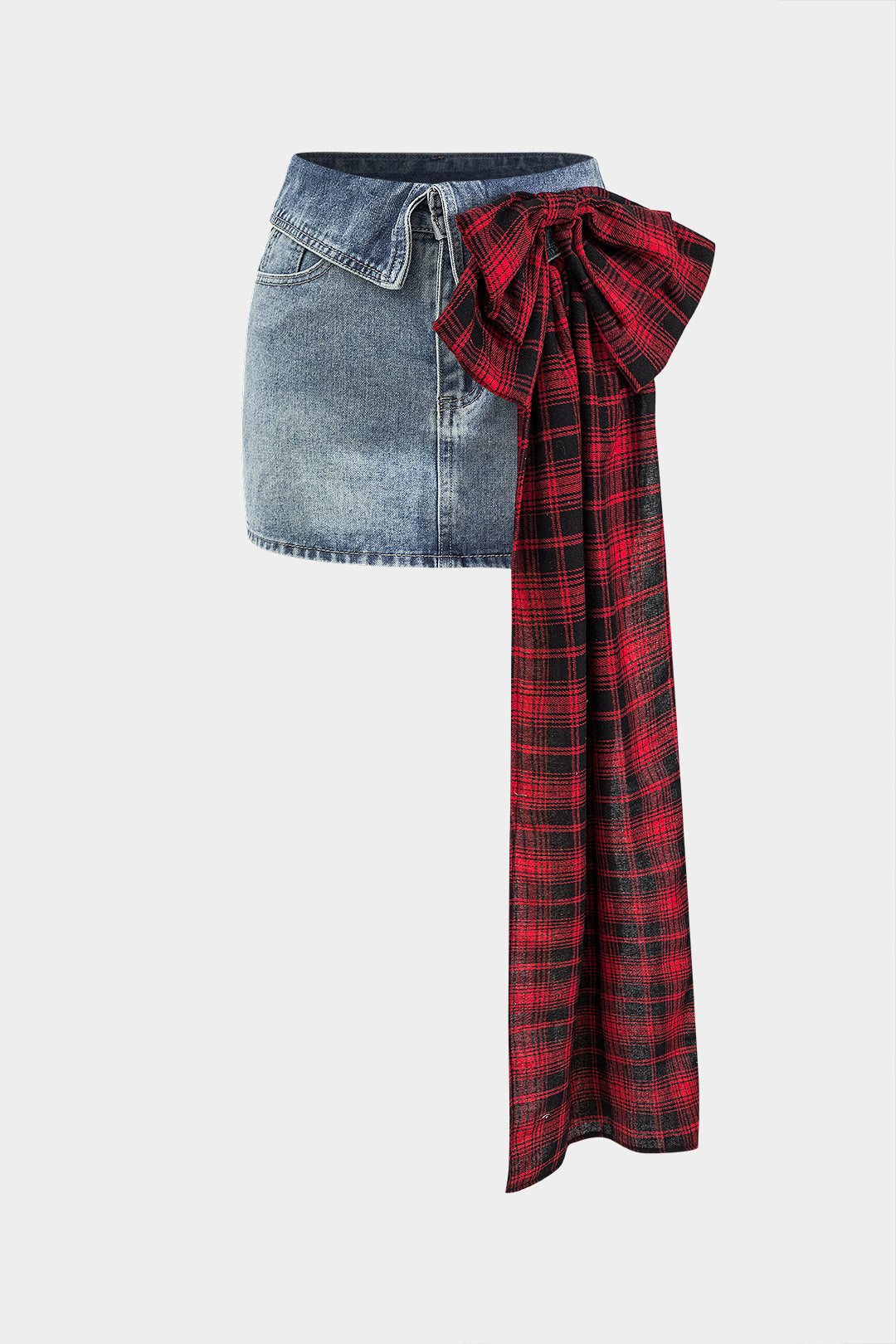Jupe courte à nouer en jean patchwork avec nœud