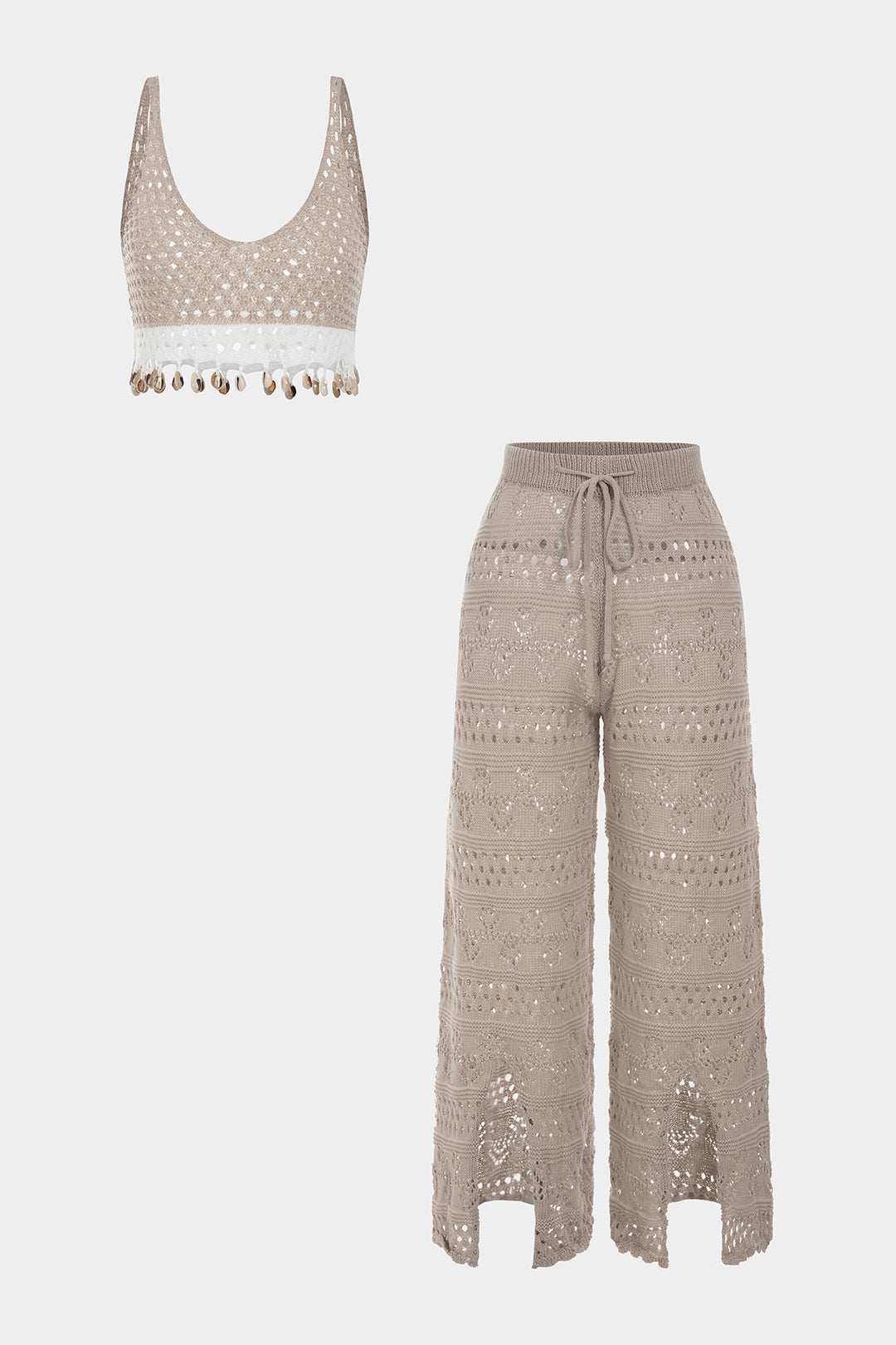 Ensemble caraco en maille ajourée à franges et pantalon large