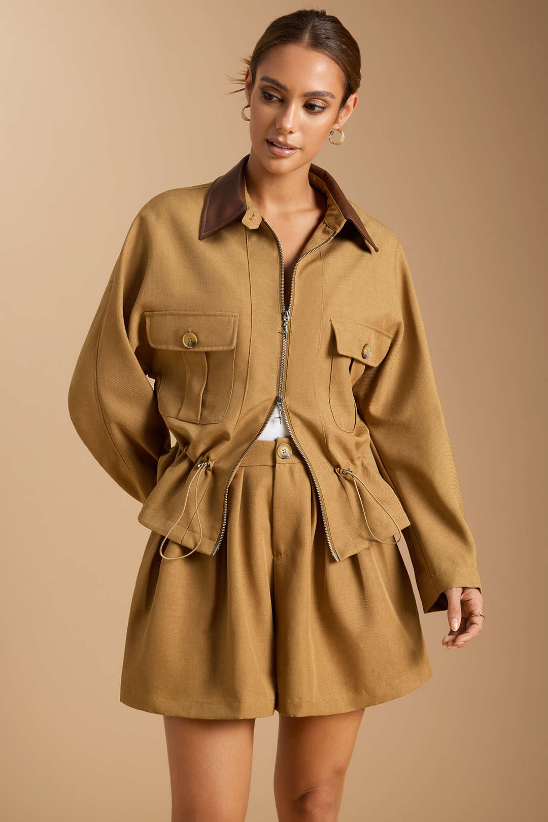 Zipper Patchwork Drawstring Batwing Sleeve Jacket