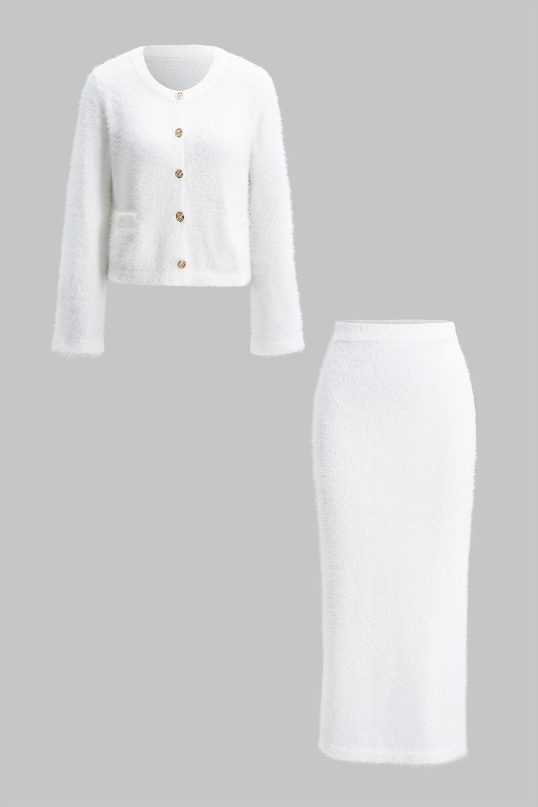 Knit Metallic Button Long-Sleeve Top And Skirt Set