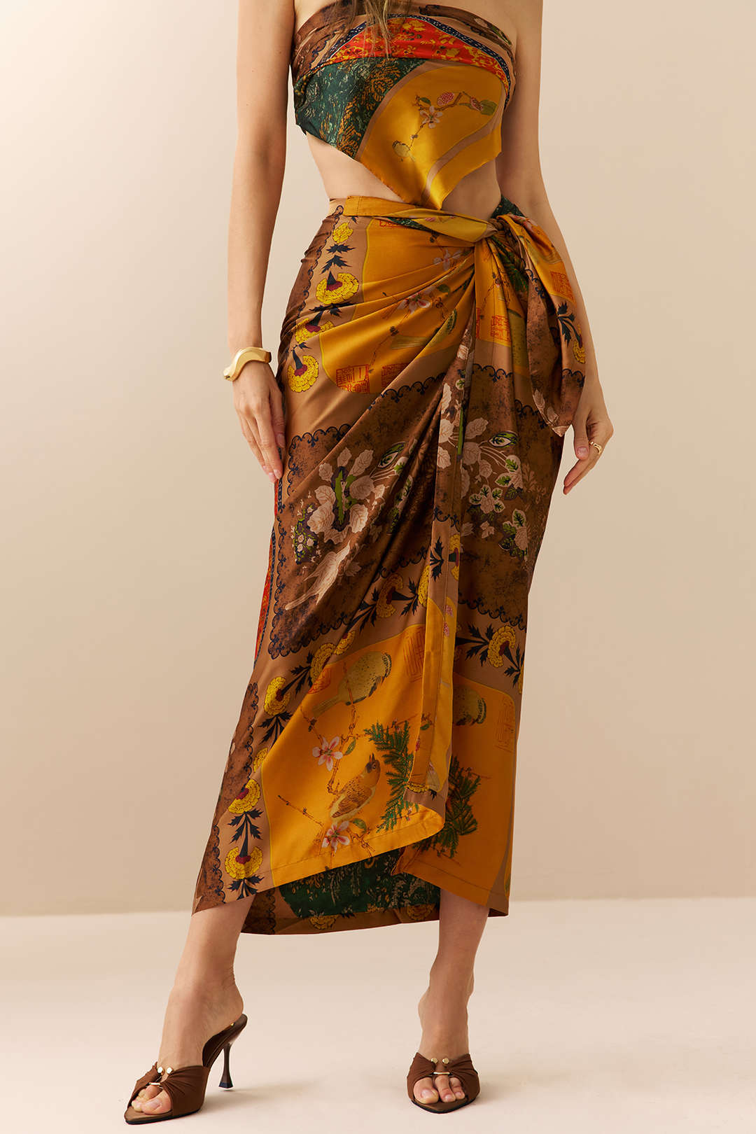 Retro Print Satin Tie Front Skirt