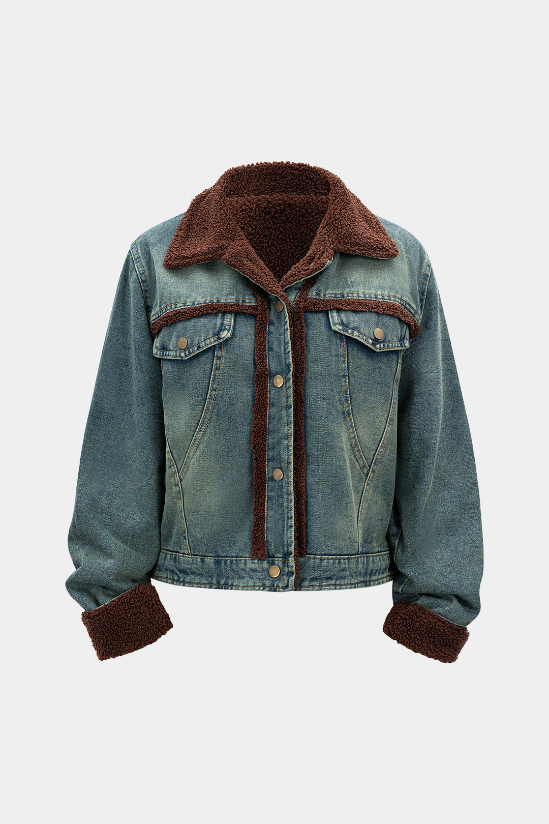 Denim-Patchwork-Jacke mit Zierknöpfen und Ziertaschen
