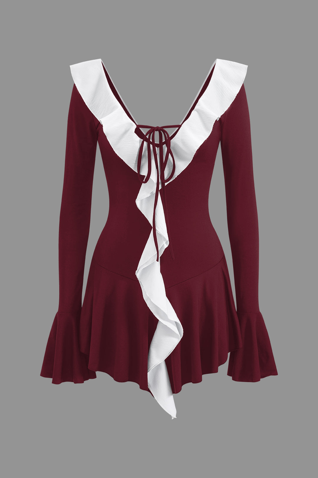 Kontrast-Minikleid mit Rüschenkragen, Bindeband vorne und Glockenärmeln