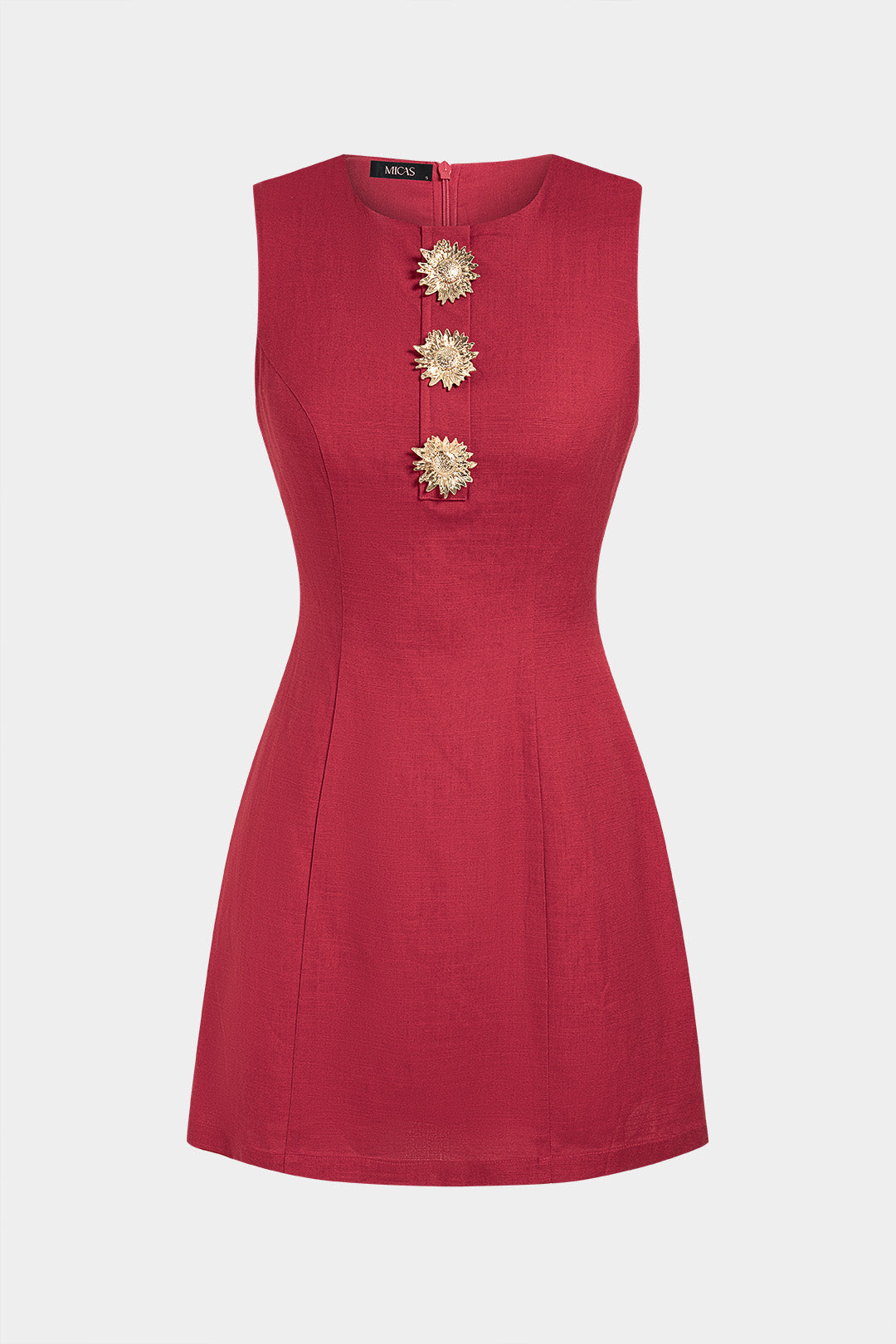 Leinen-Minikleid mit Rundhalsausschnitt, ärmellos und Metallic-Knöpfen