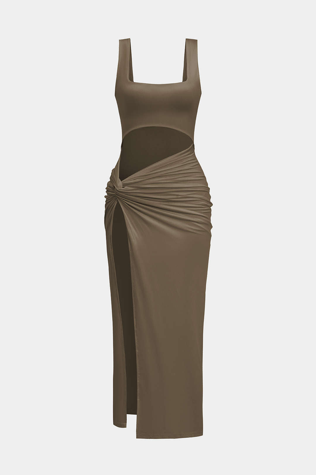 Robe midi unie avec découpe et fente à torsion sur le devant