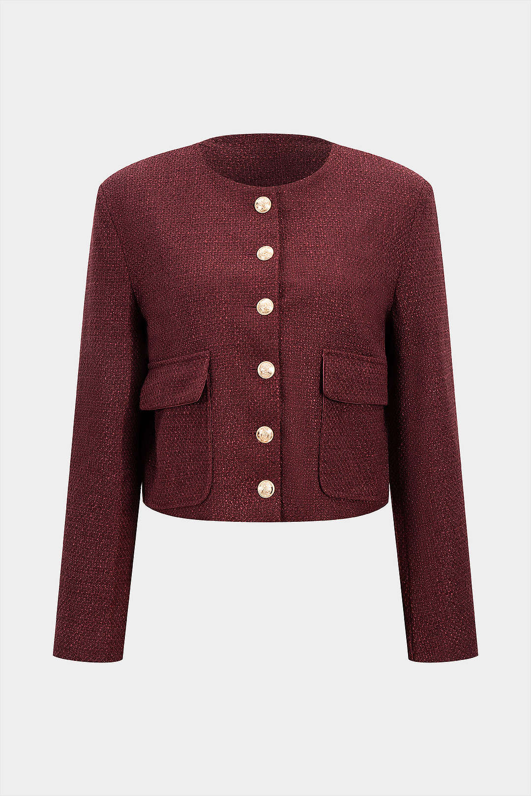 Tweed-Oberteil mit Rundhalsausschnitt, Metallknöpfen und Taschen