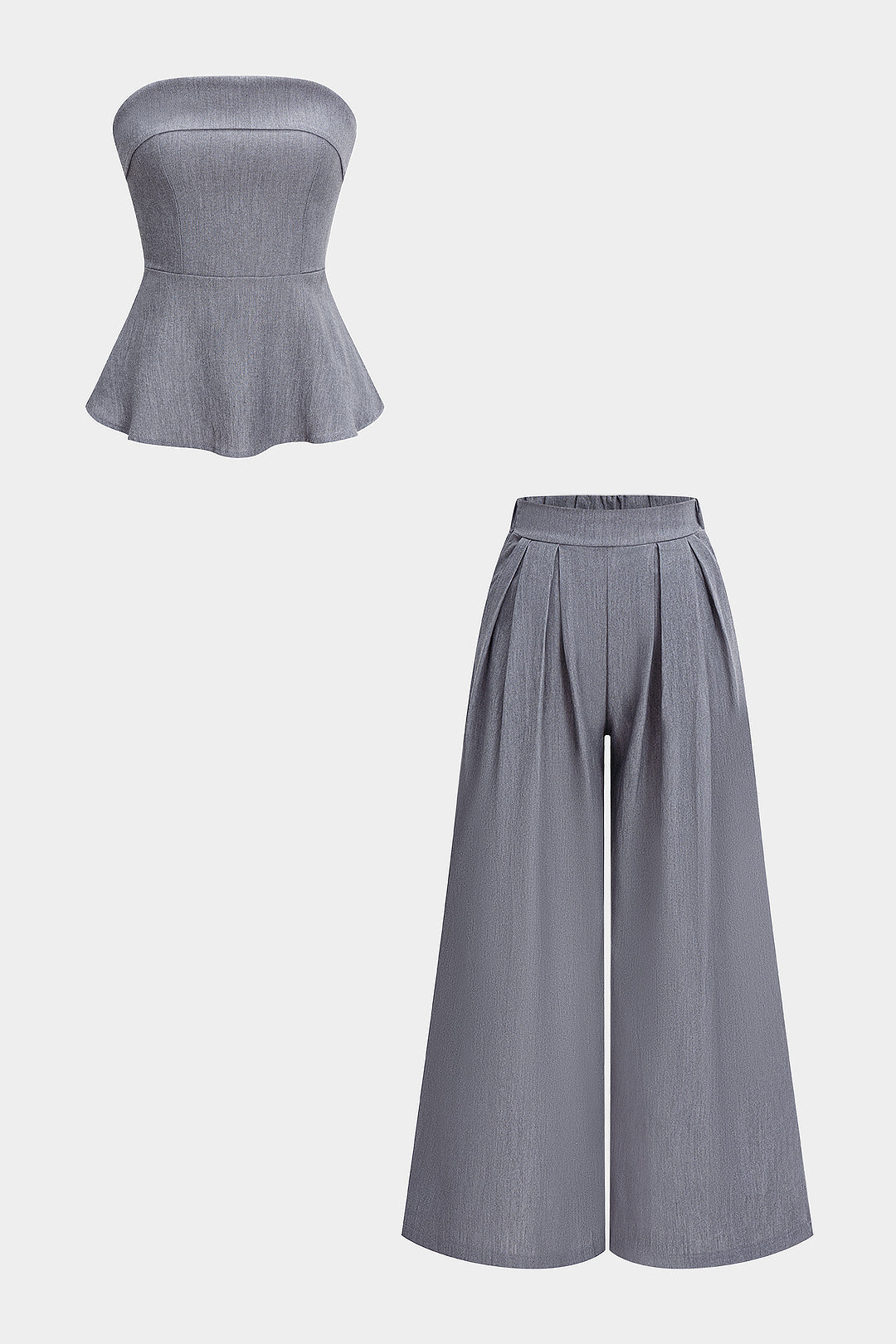 Shirred Strapless Tube Top And Wide Leg Trousers Set