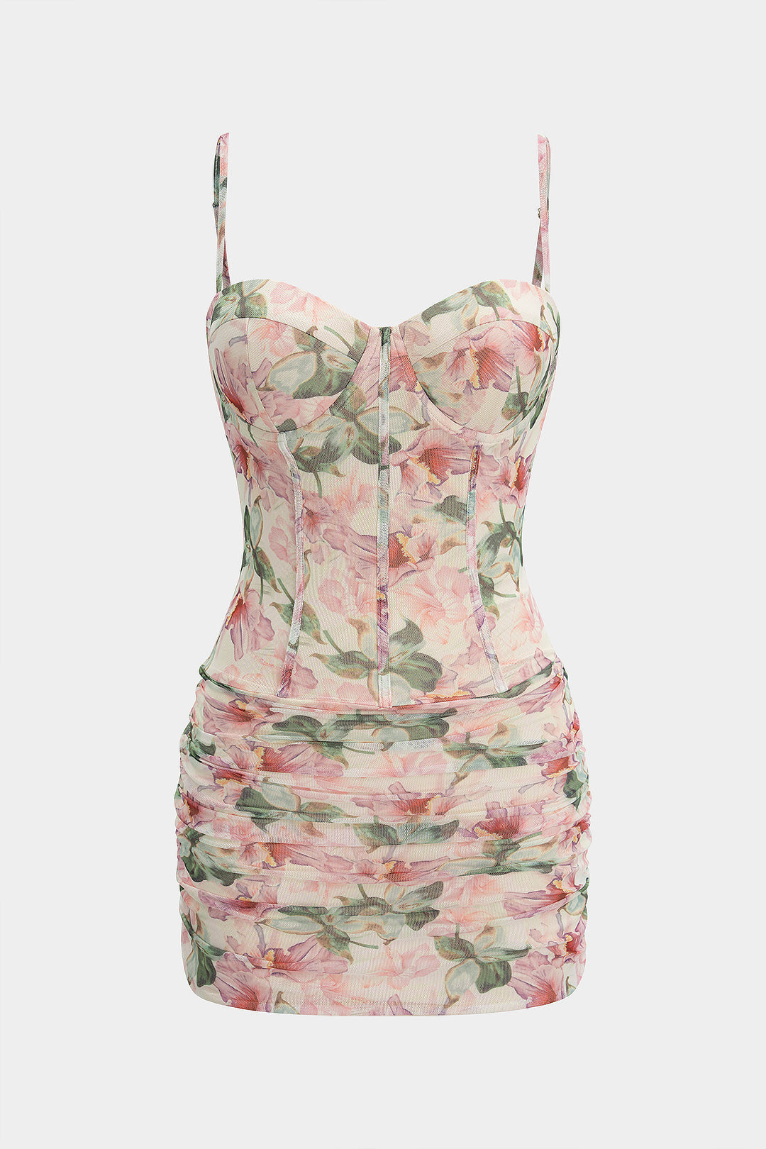Floral Print Mesh Corset Ruched Sleeveless Mini Dress