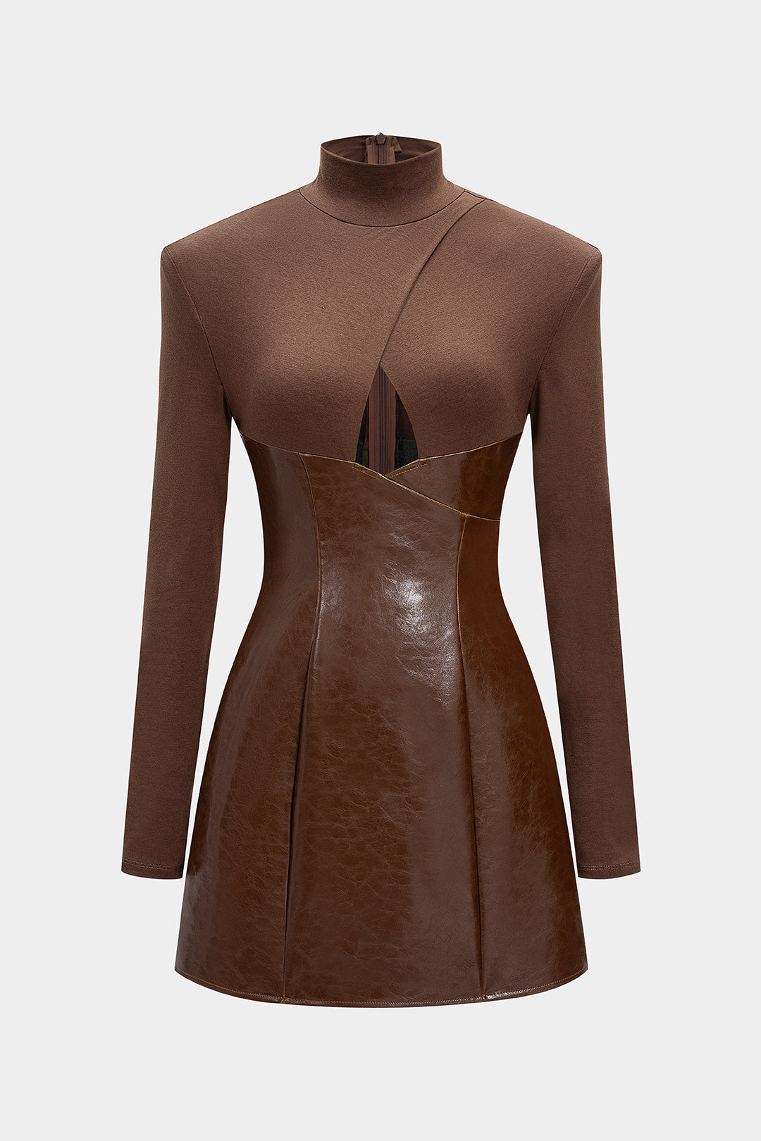 Mock Neck Faux Leather Patchwork Cut Out Long Sleeve Mini Dress