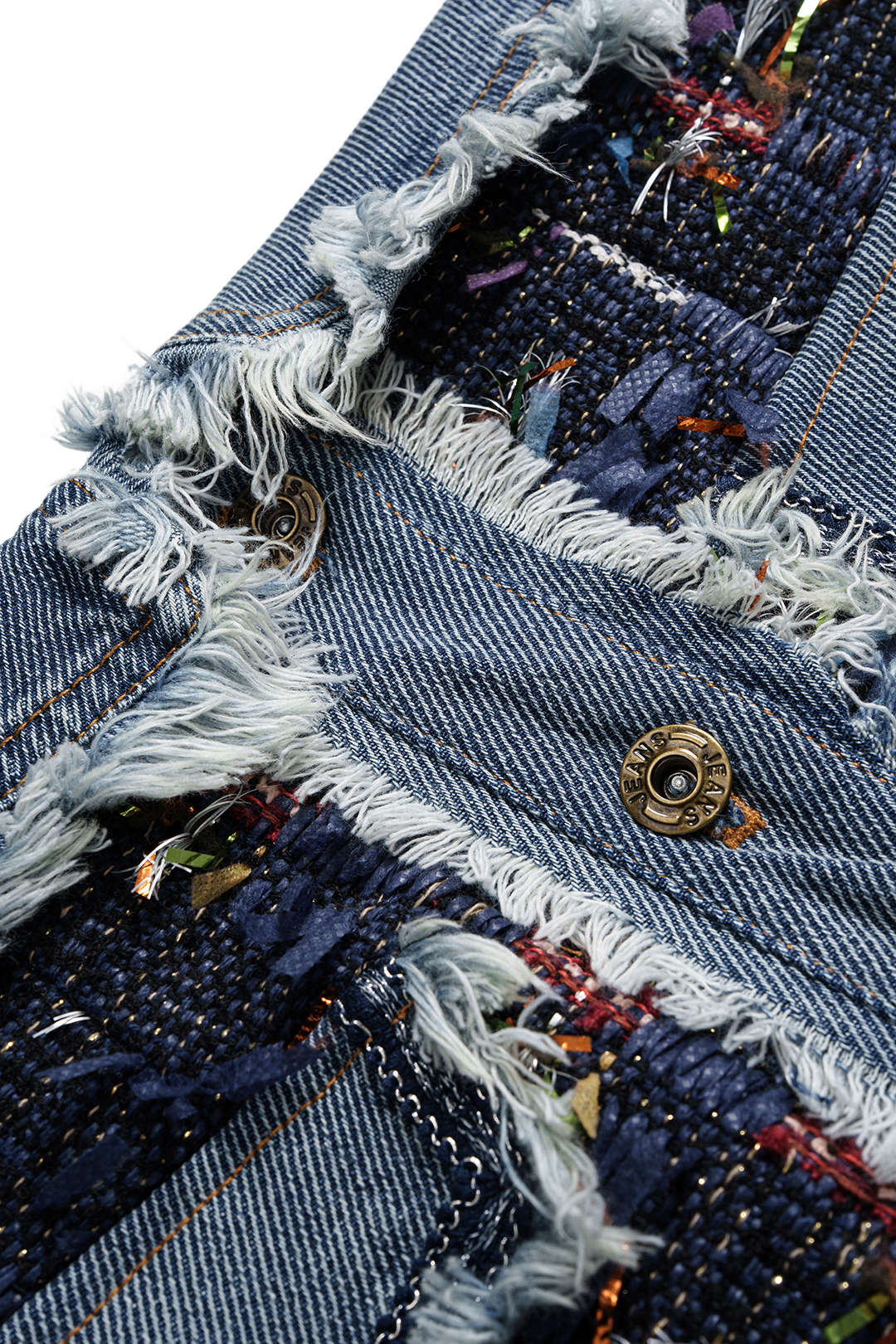 Minirock aus Denim-Jacquard mit Patchwork und ausgefranster Tasche
