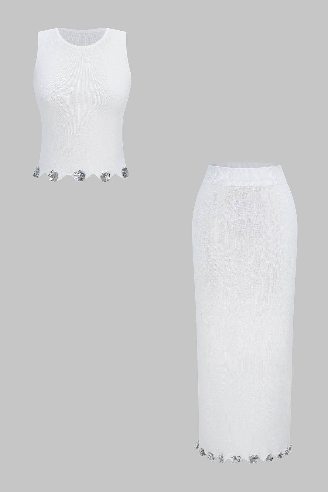 Knit Applique Sequin Round Neck Tank Top And Skirt Set