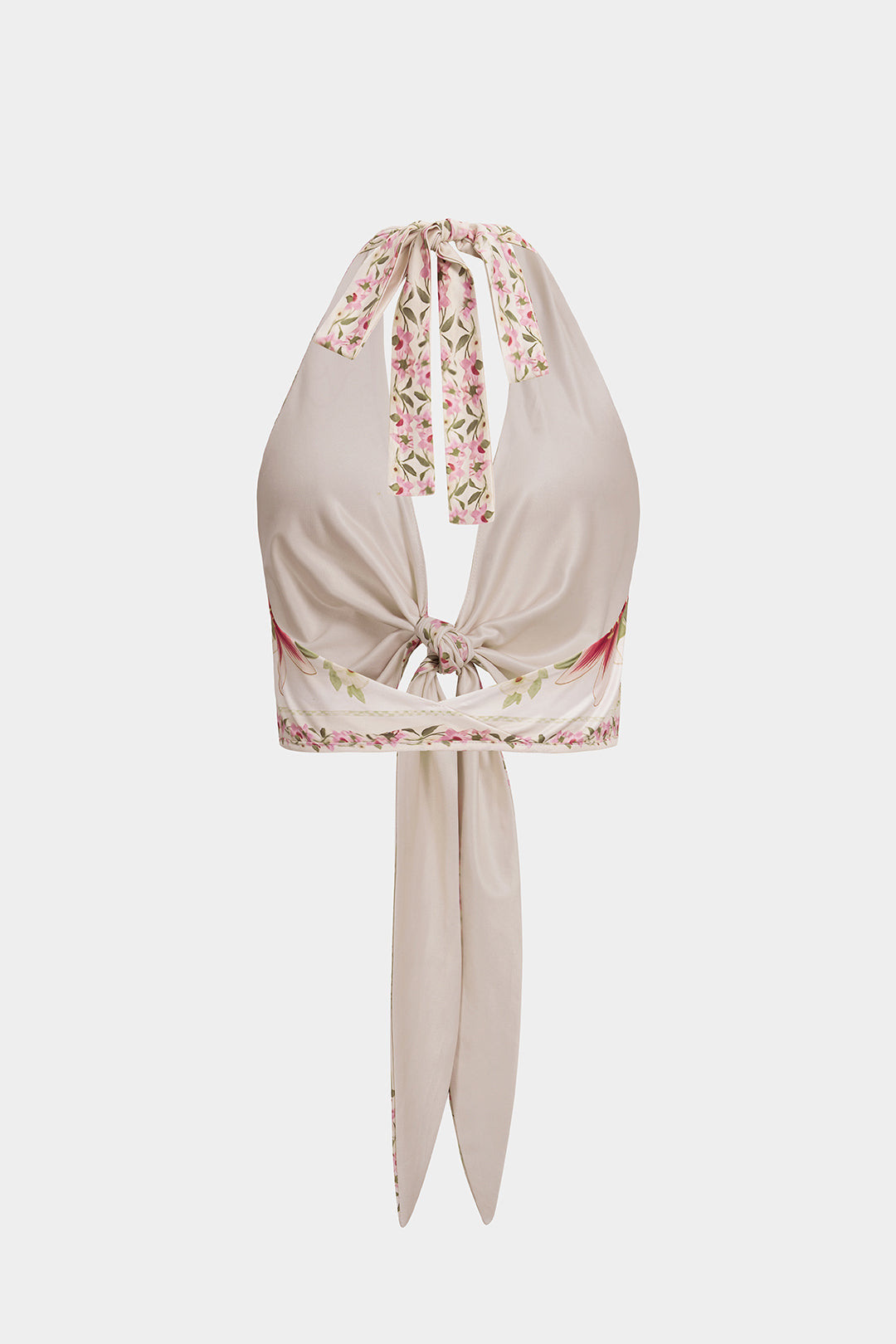Haut court sans manches dos nu à licou en satin imprimé floral