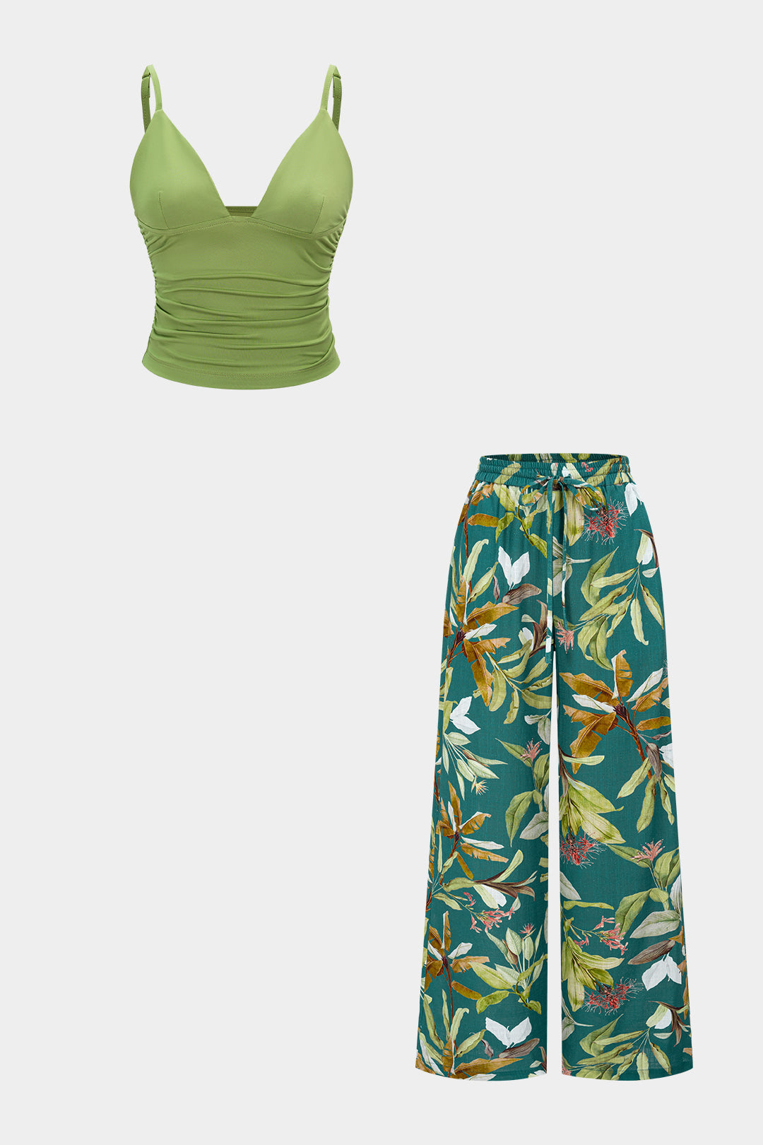 V-Ausschnitt Gerafftes Camisole-Top Und Hose Mit Weitem Bein Mit Blumen-Blätter-Print Und Bindedetail Im Set