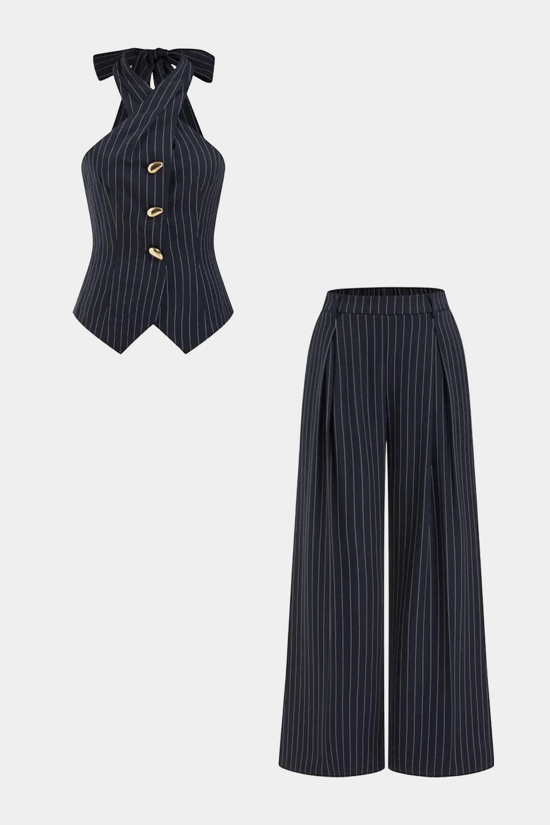 Gestreiftes Oberteil mit überkreuzten Trägern, Metallic-Knöpfen und weite Hose