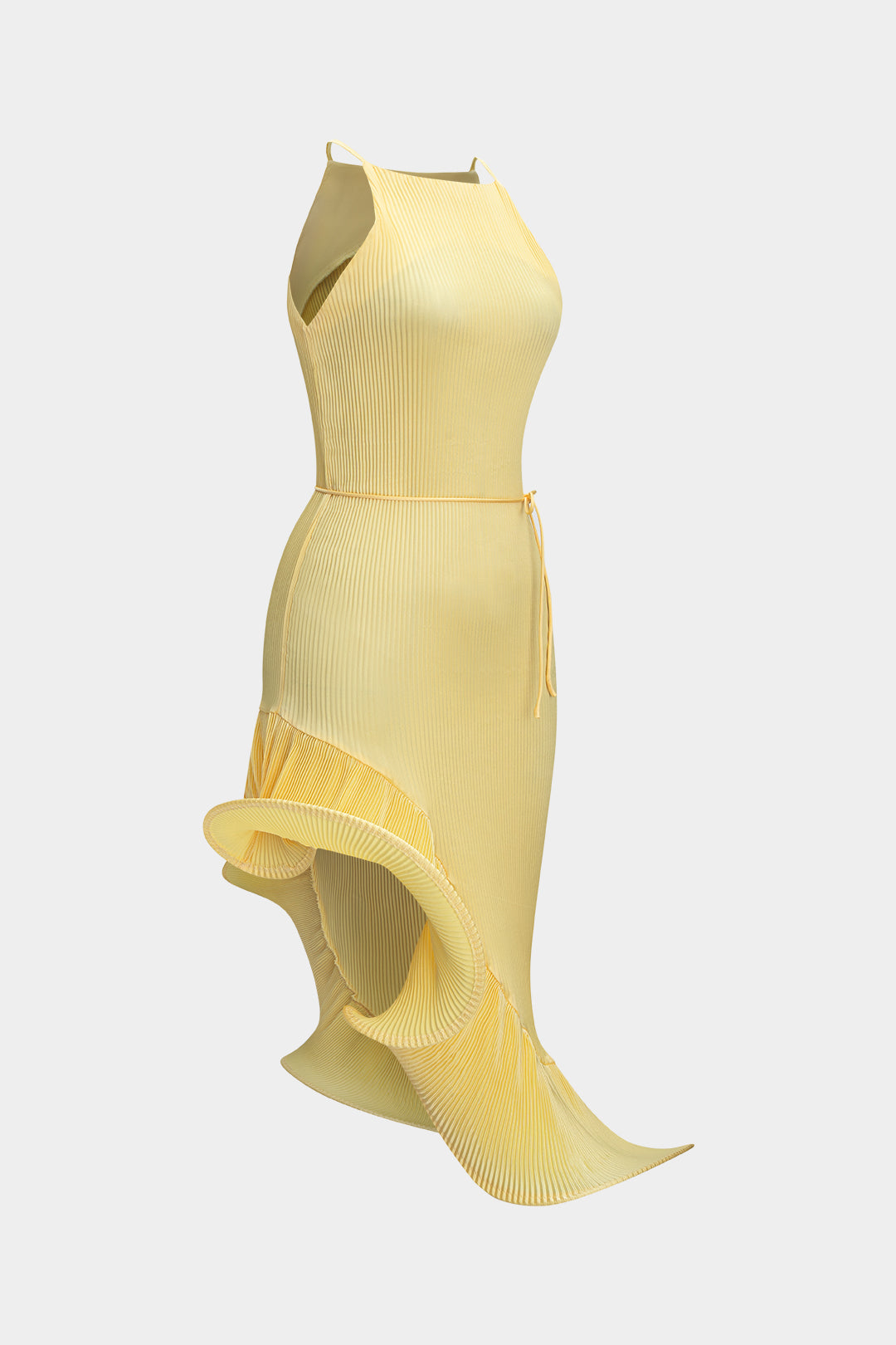 Asymmetrical Ruffle Tie-Up Ribbed Sleeveless Midi Dress