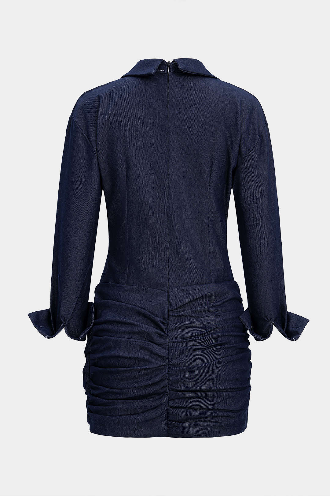 Gerüschtes asymmetrisches Jeans-Minikleid mit langen Ärmeln
