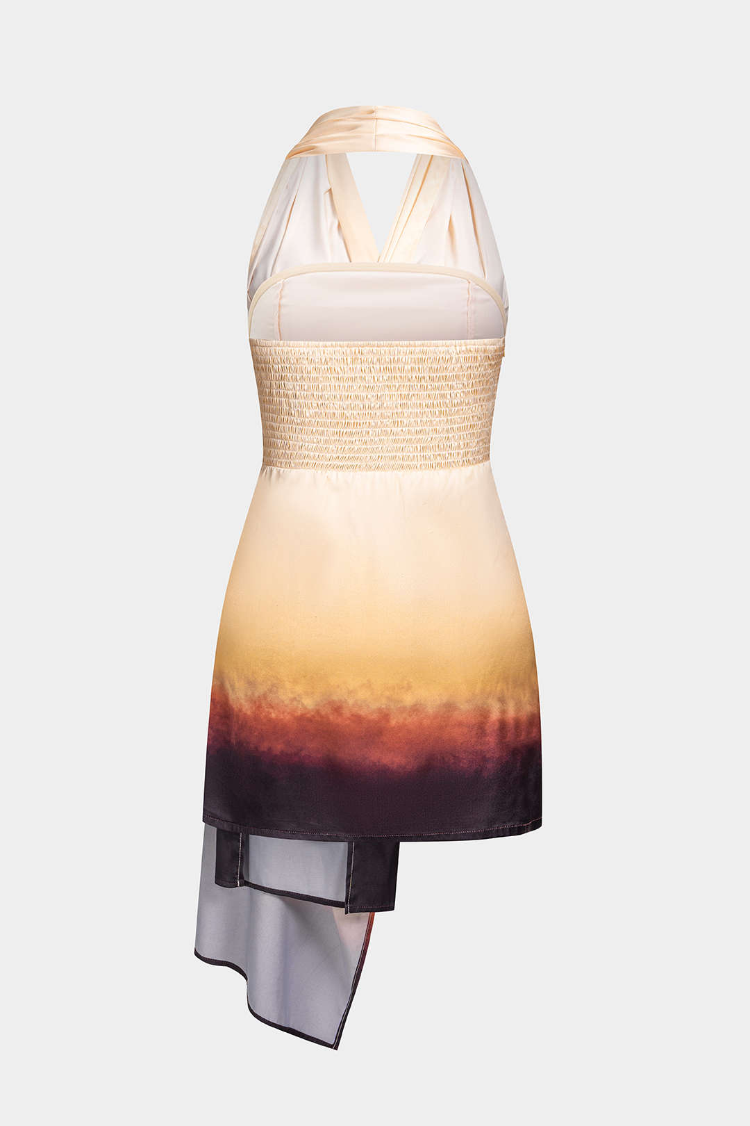 Ombre-Kleid mit Kontrastdruck, Neckholder, V-Ausschnitt, asymmetrischen Raffungen und ärmellosem Schnitt