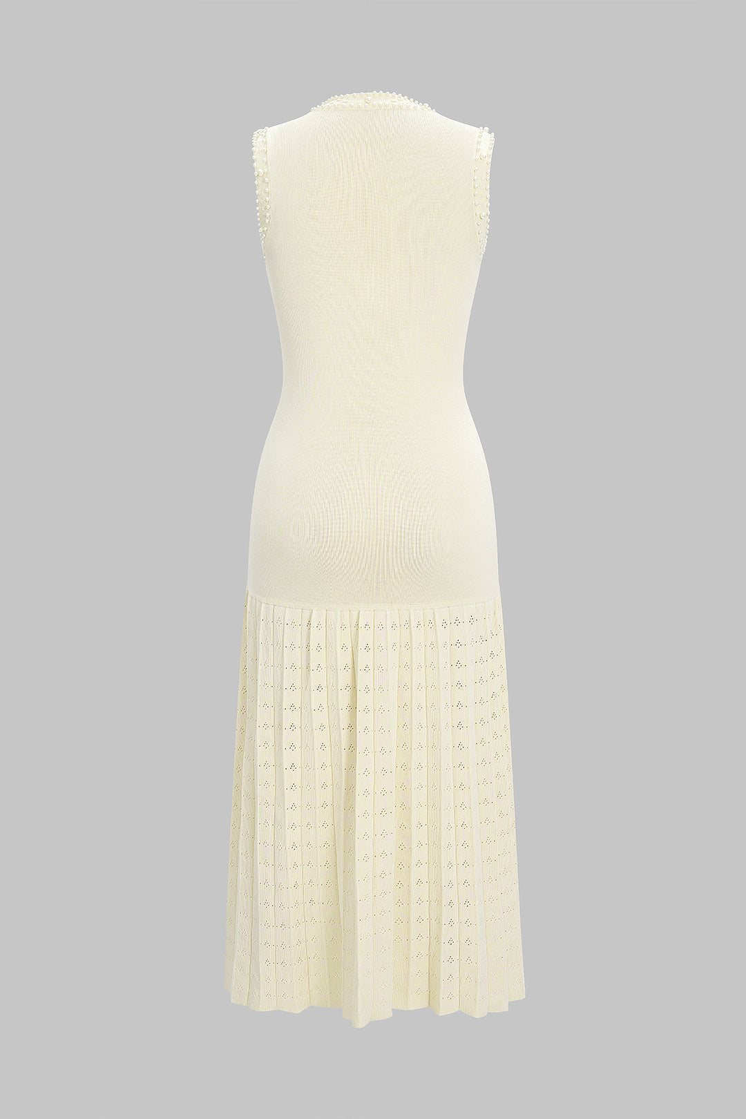 Knit Round Neck Hollow Out Pearls Decor Sleeveless Dress