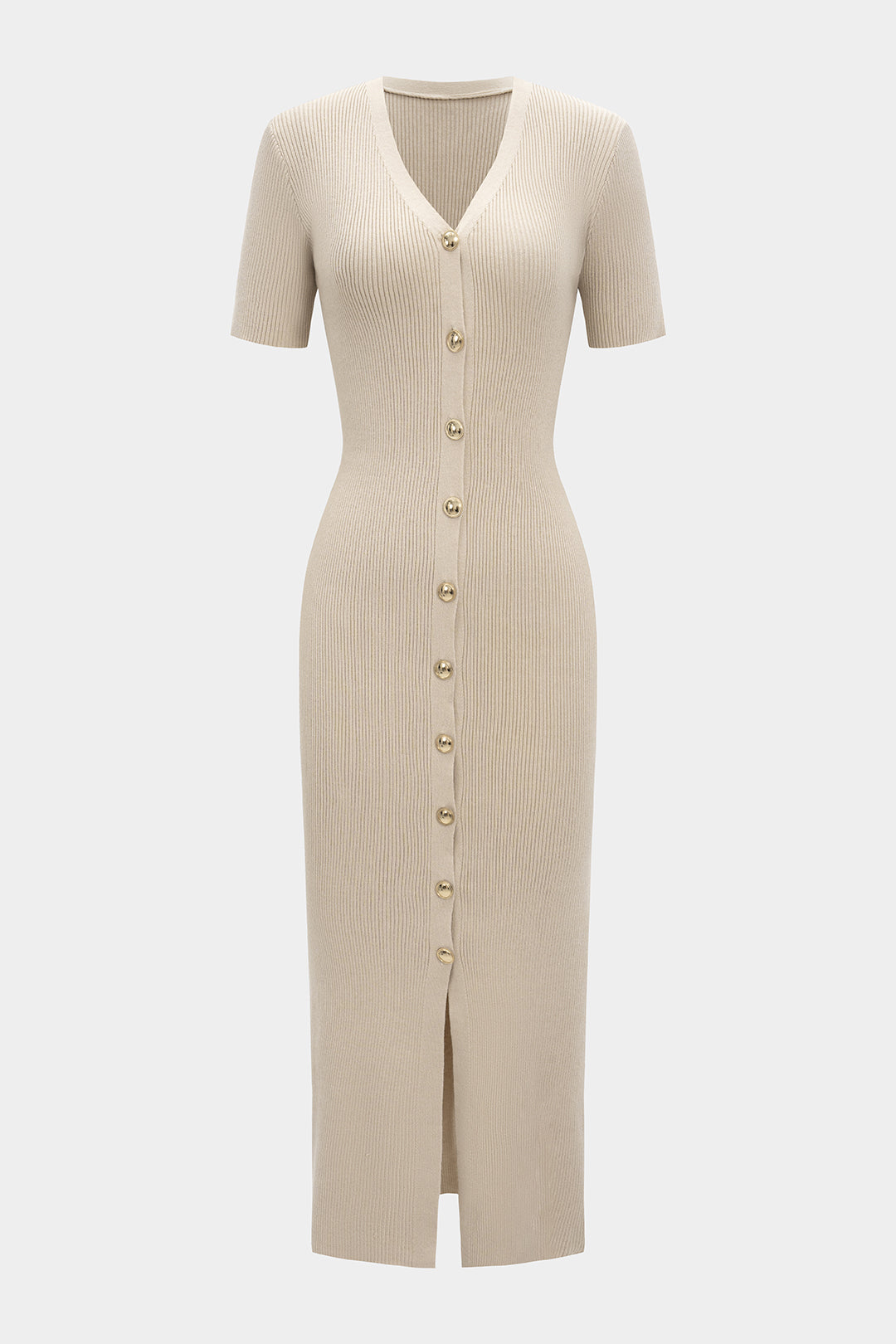 Knit Button V-Neck Short Sleeve Dress