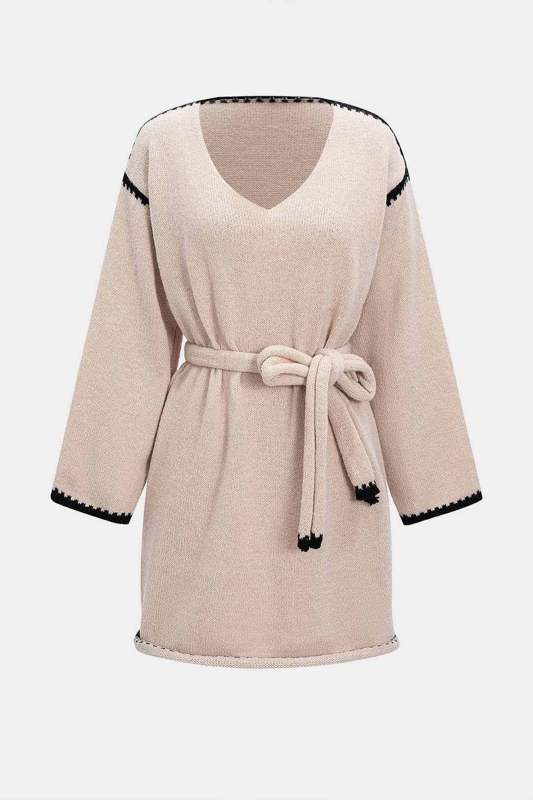 Knit V-Neck Contrast Binding Tie-Up Long Sleeve Dress