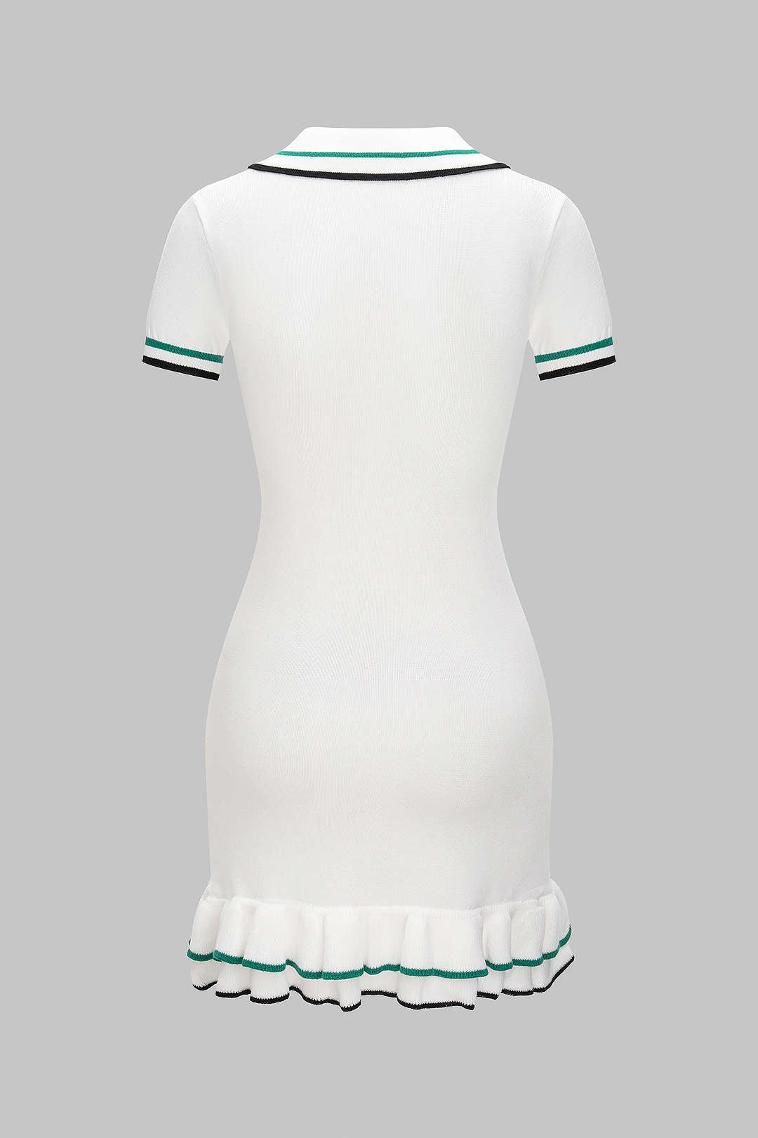 Open Knit Contrast Button Ruffle Short Sleeve Mini Dress