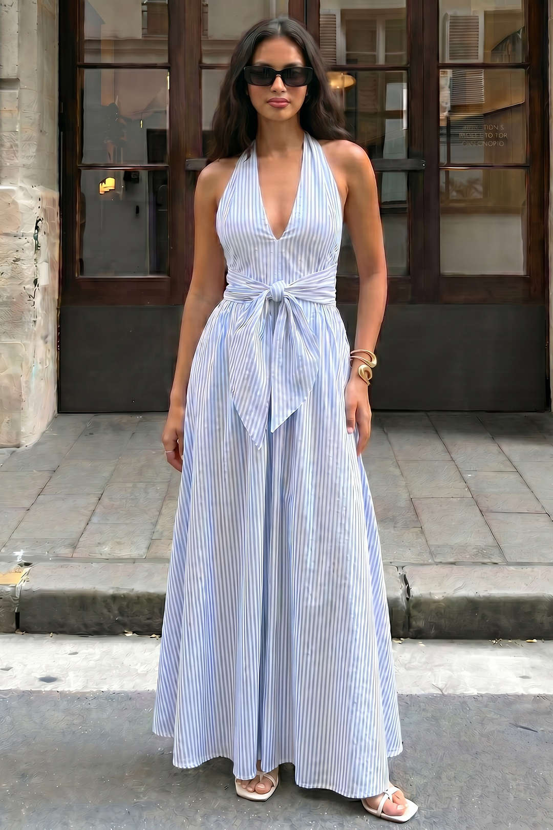 Maxikleid mit Streifendruck, Neckholder und V-Ausschnitt