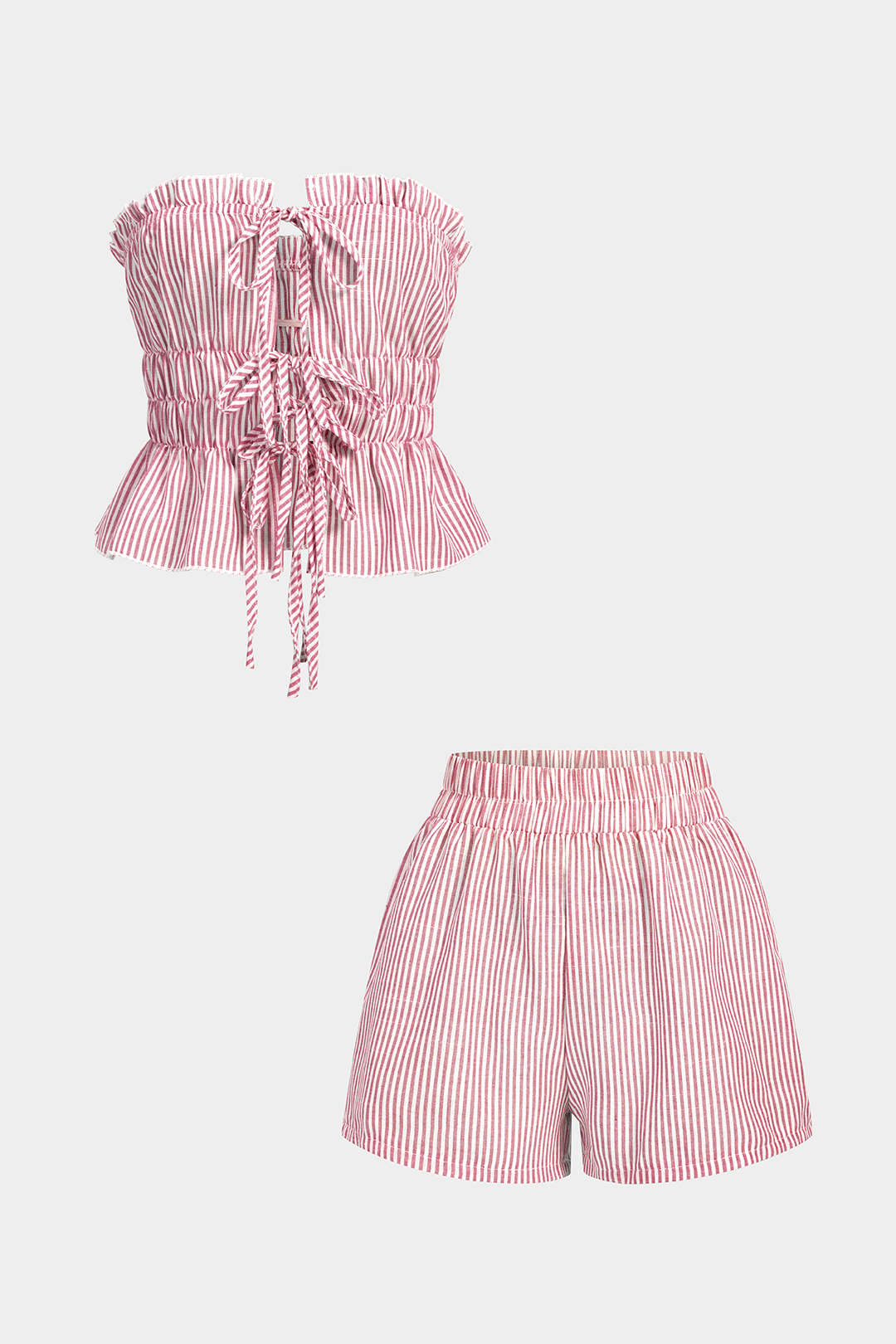 Stripes Print Ruffle Tie-Up Tube Top And Shirred Waistband Shorts Set