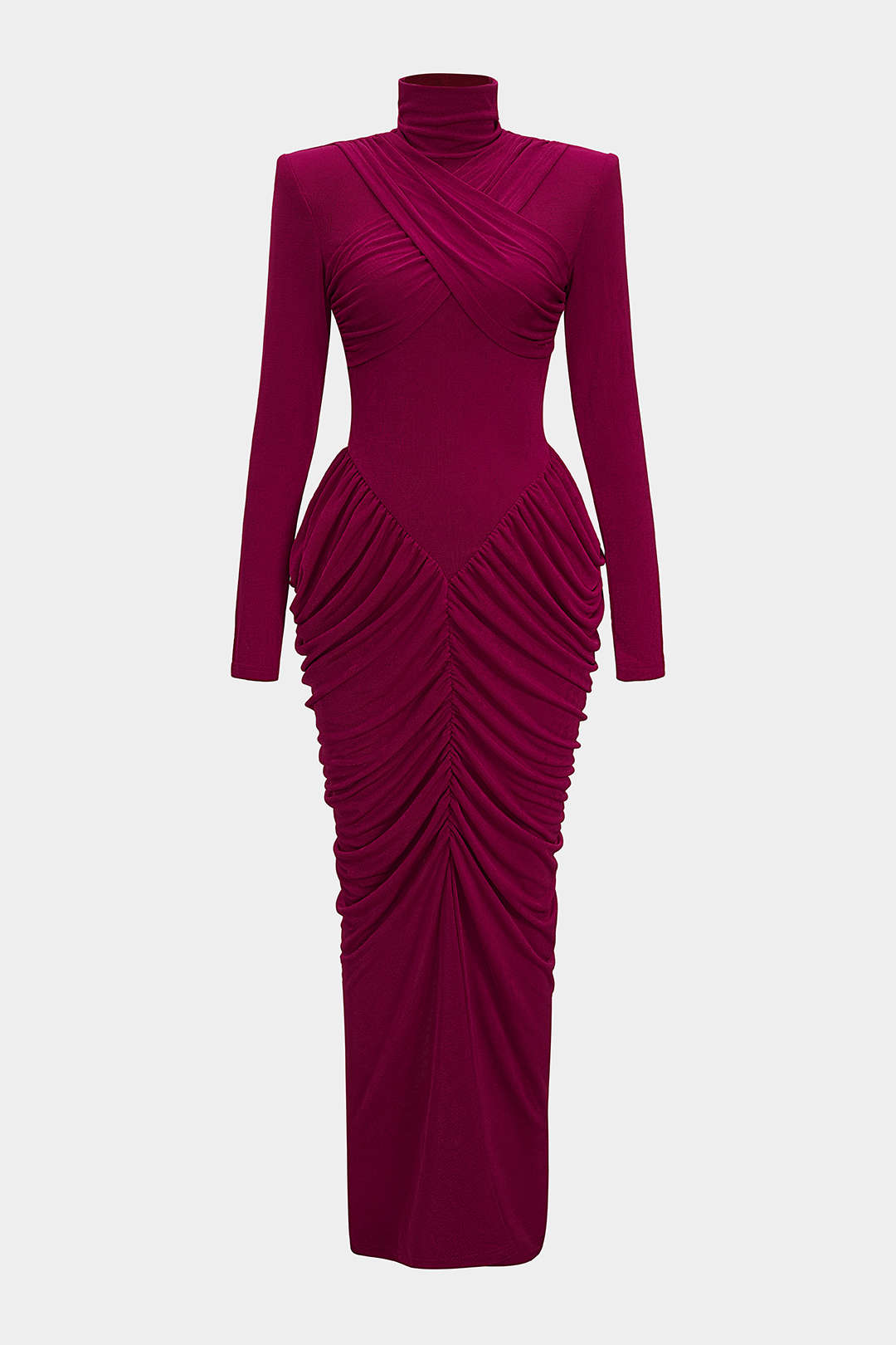 Maxikleid mit Stehkragen, Schulterpolstern, überkreuzter Raffung am Rücken und langen Ärmeln
