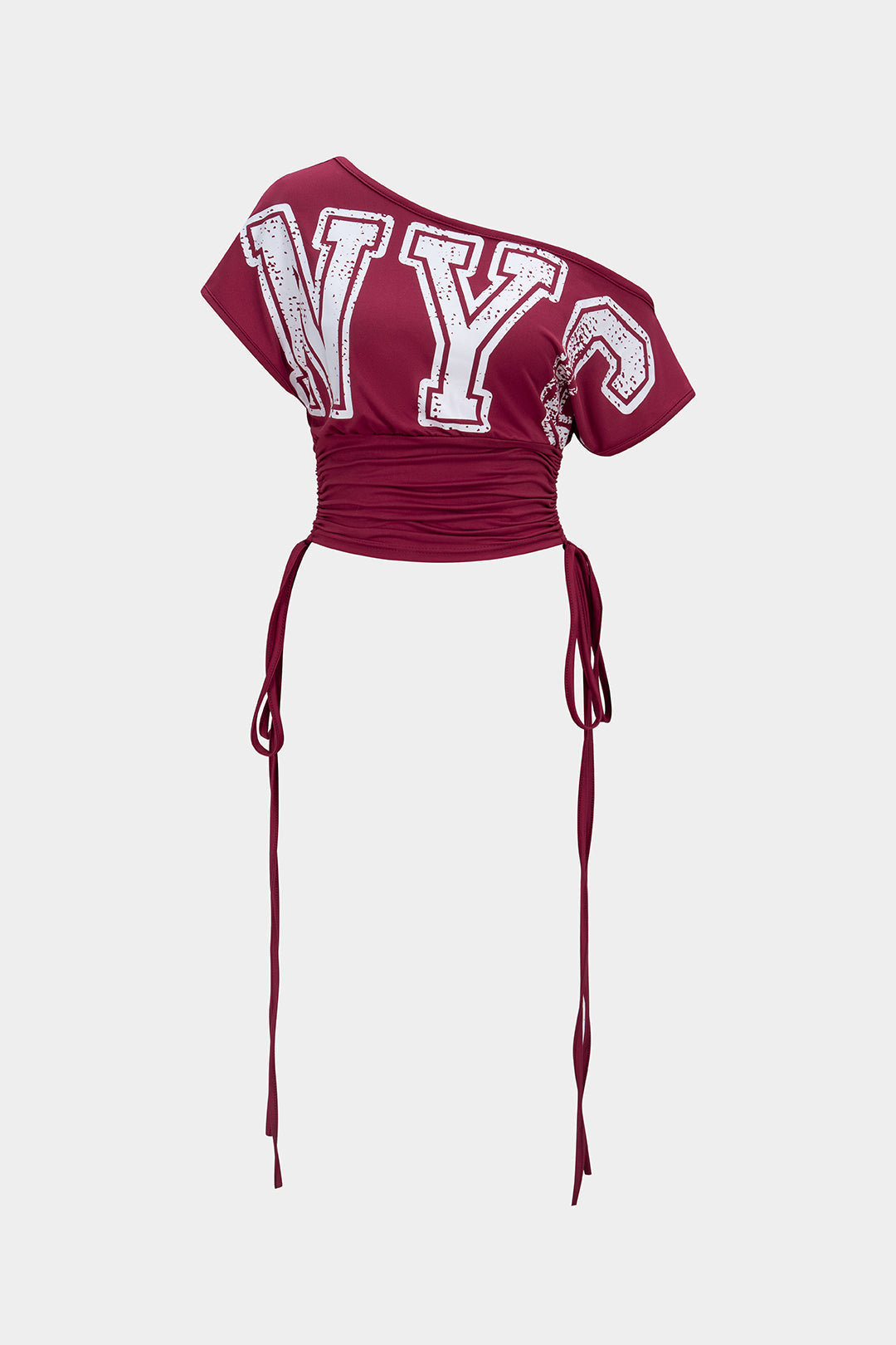 Letter Print One Shoulder Waist Drawstring Ruched Short Sleeve T-Shirt