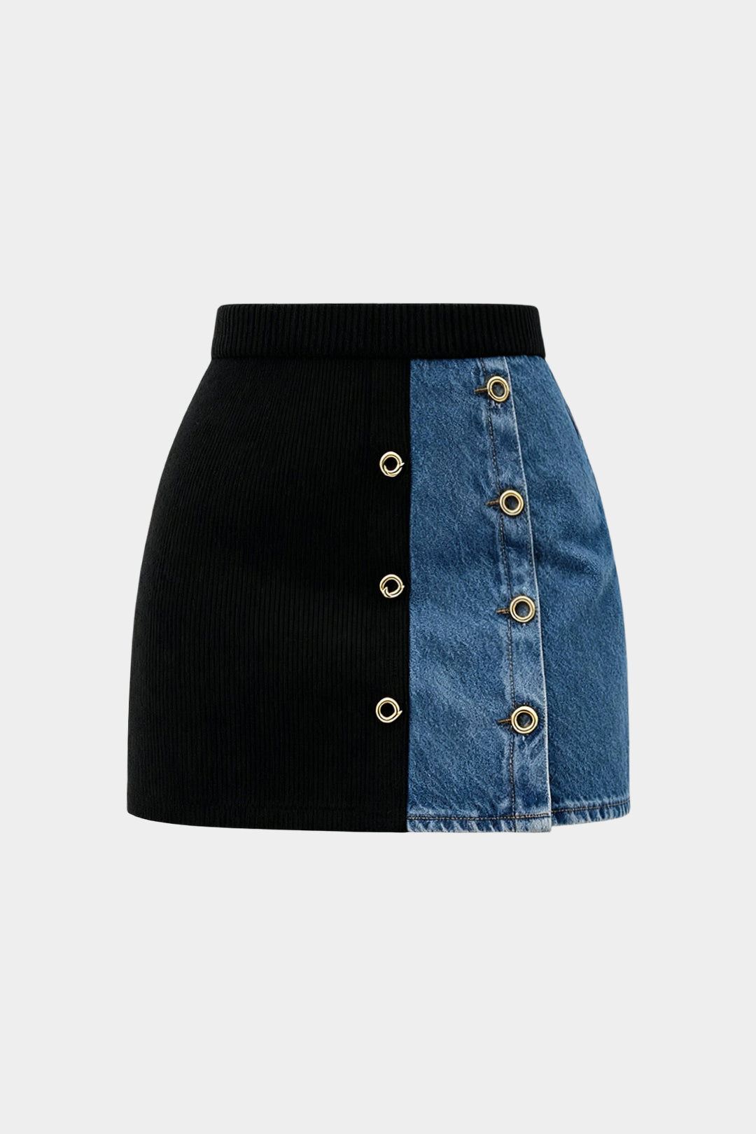 Strick-Jeans-Patchwork-Minirock mit Metallösen