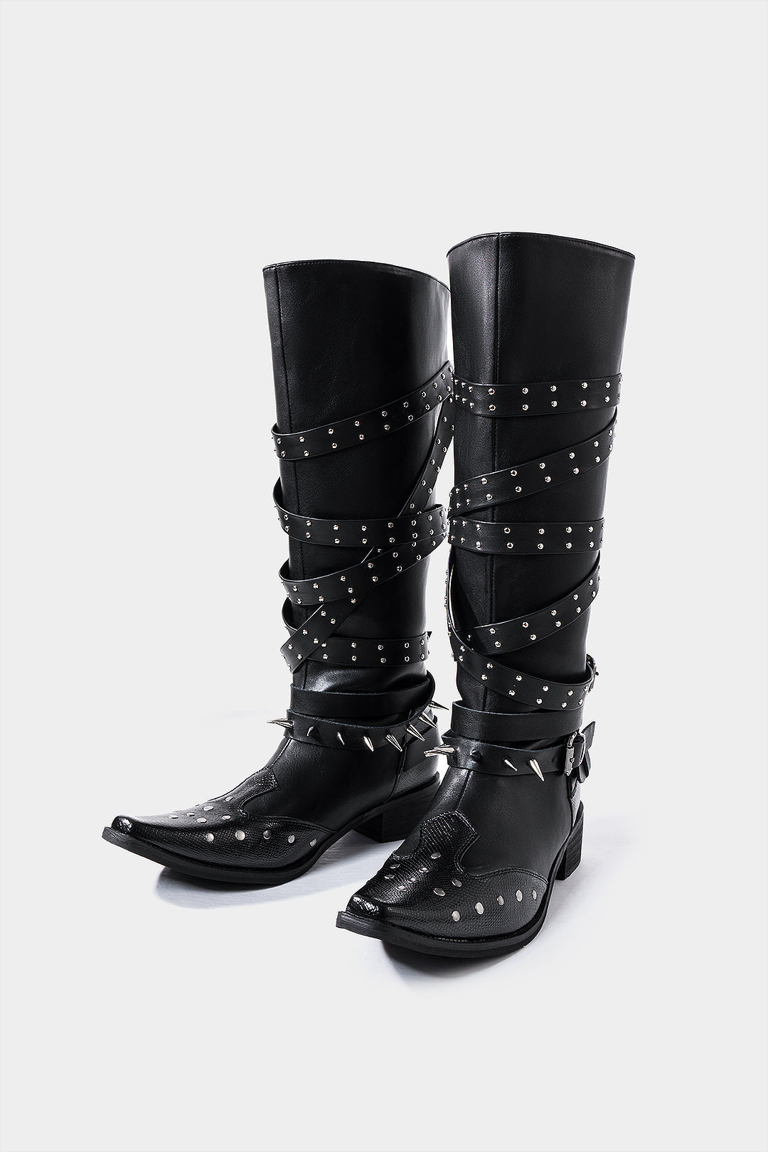 Leather Studded Pointed Toe Knee High Boots