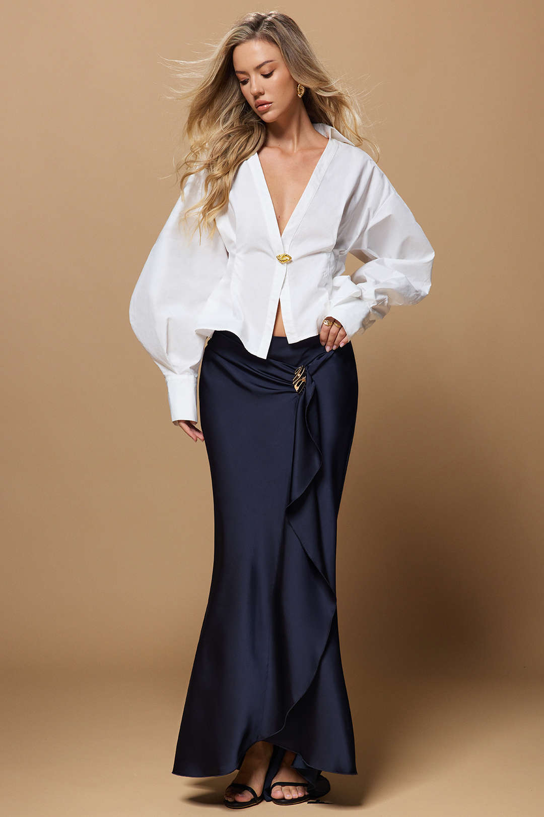 Satin Ruffle Ruched Asymmetrical Skirt