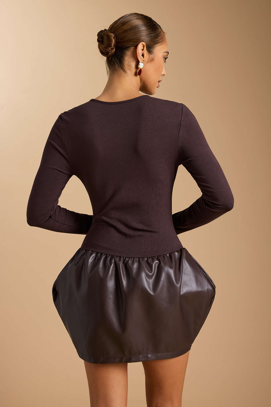 Faux Leather Round Neck Patchwork Ruched Long Sleeve Mini Dress