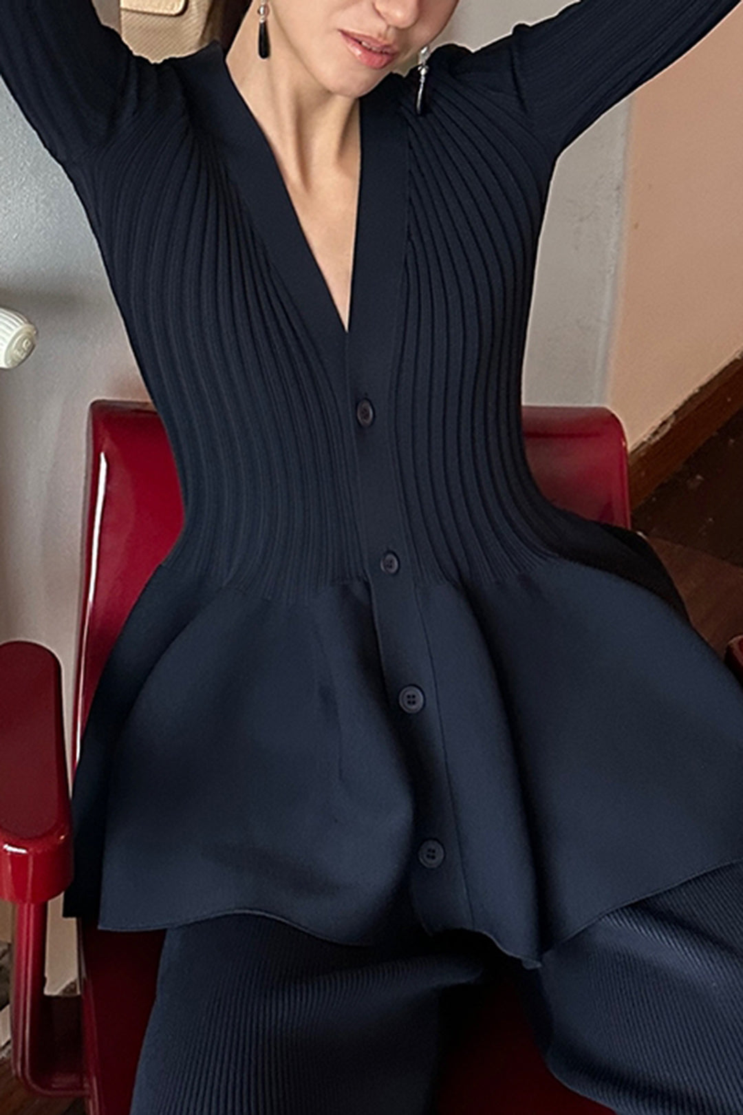 Solid V-Neck Puff Hem Sweater Cardigan