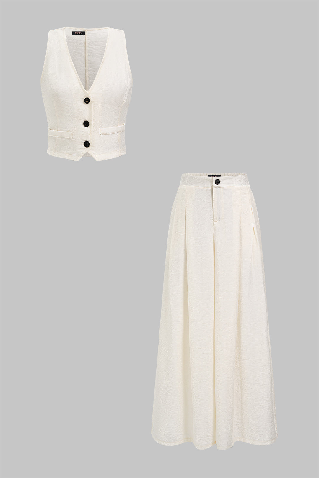 Set aus Weste mit V-Ausschnitt und Knopfleiste und Hose mit weitem Bein