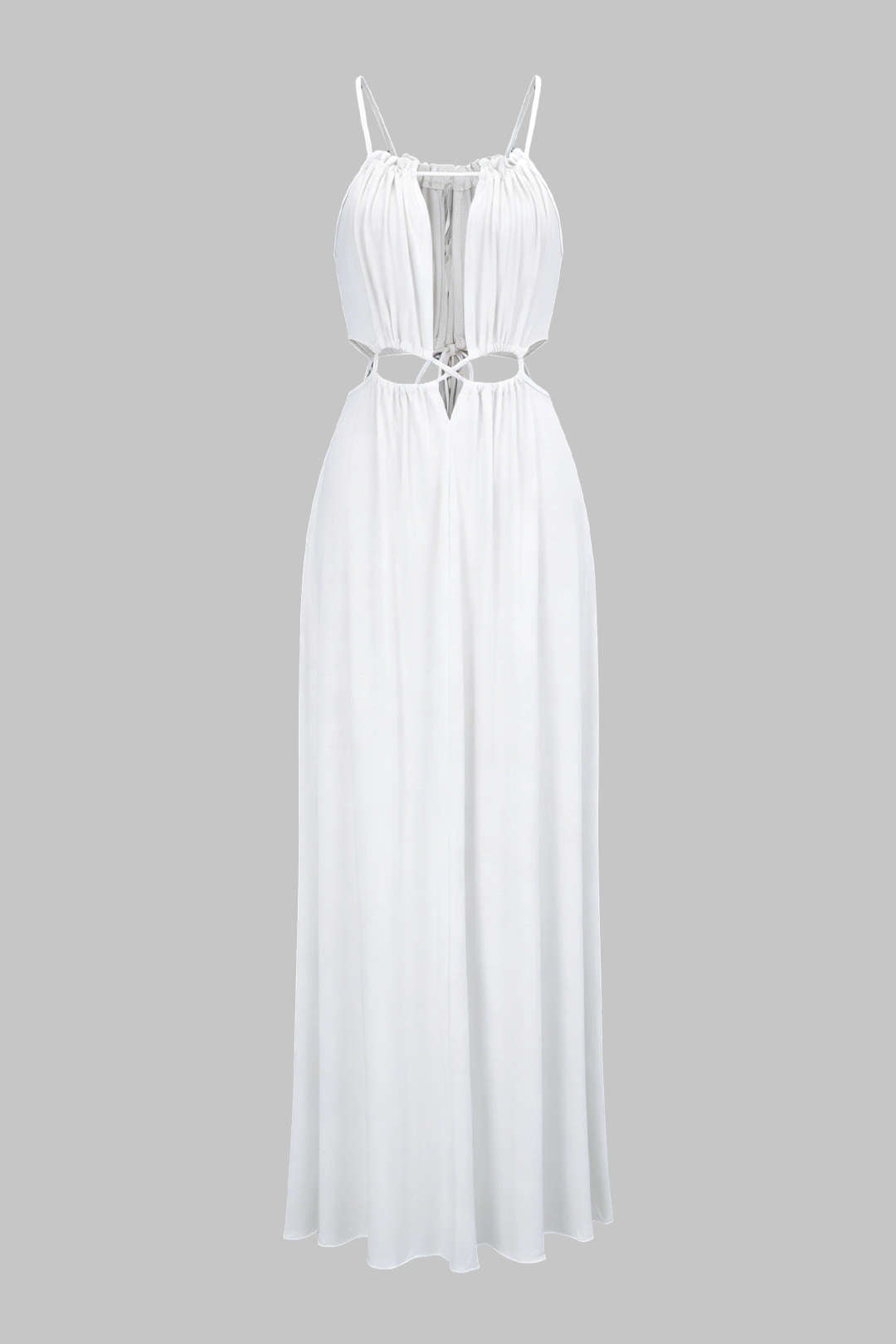 Robe longue sans manches dos nu à découpes froncées à nouer