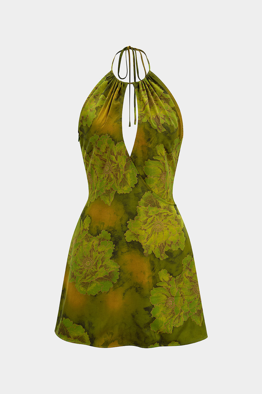 Geblümtes Satin-Neckholder-Minikleid mit Cut-Outs und Bindebändern