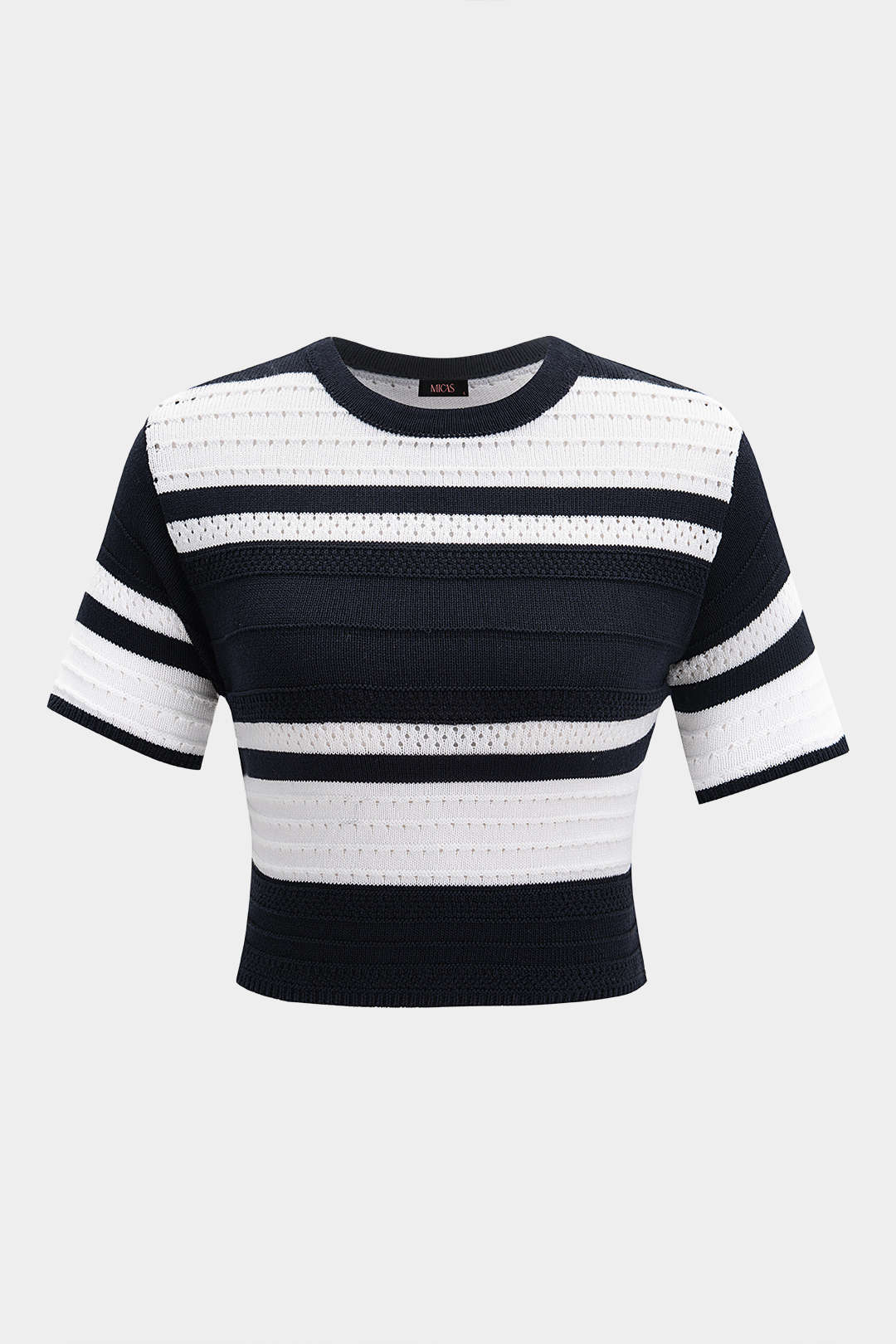 Knit Contrast Striped Hollow Out Round Neck Short Sleeve Top