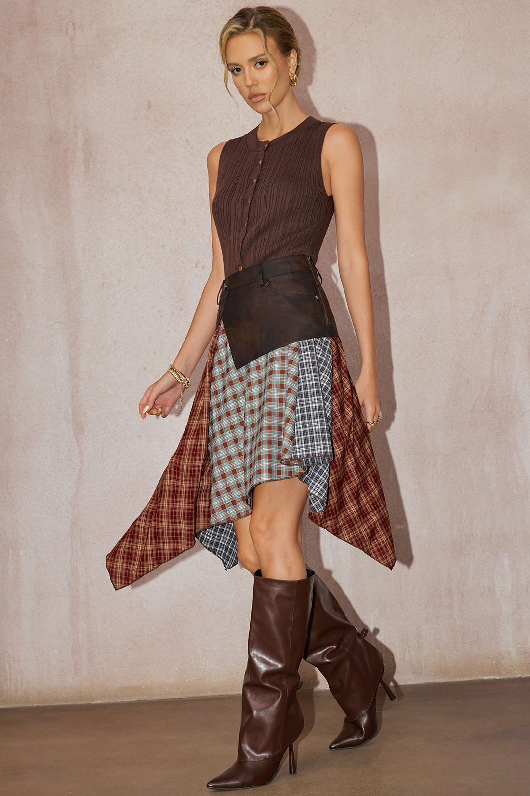 Plaid Contrast Print Faux Leather Patchwork Irregular Hem Skirt