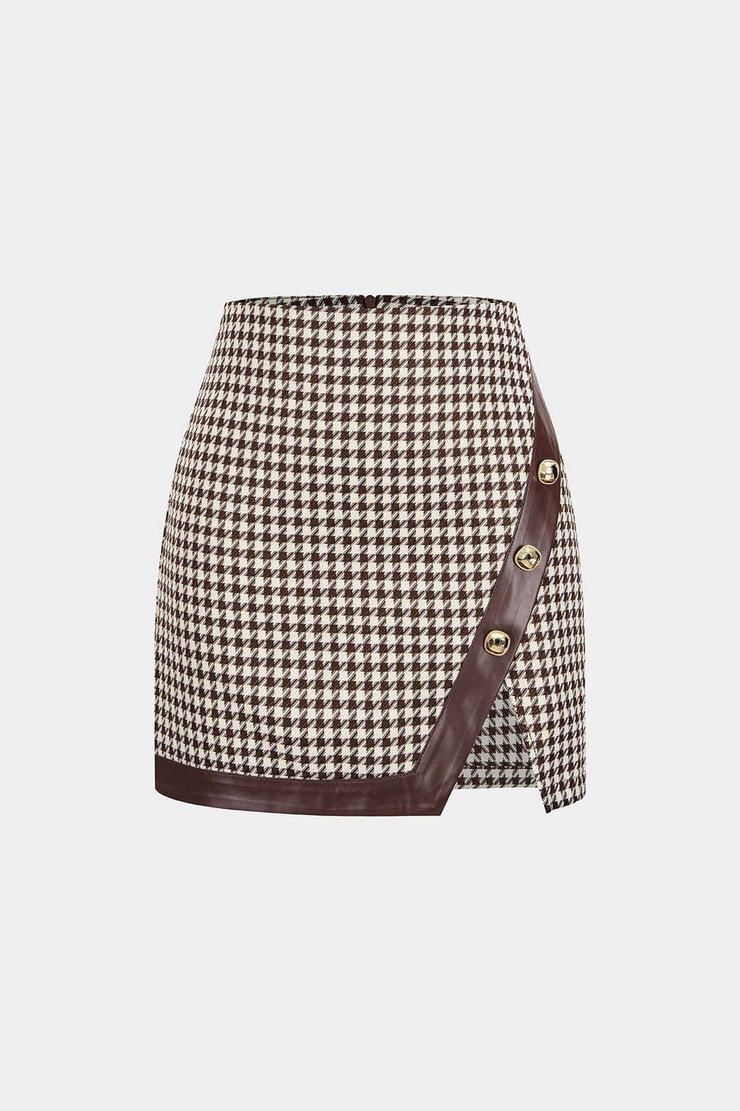 Rock mit Hahnentrittmuster, Faux-Leder-Patchwork und asymmetrischem Seitenschlitz