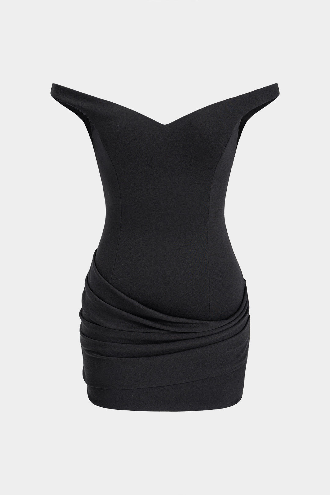 Einfarbiges, schulterfreies, gerafftes ärmelloses Minikleid