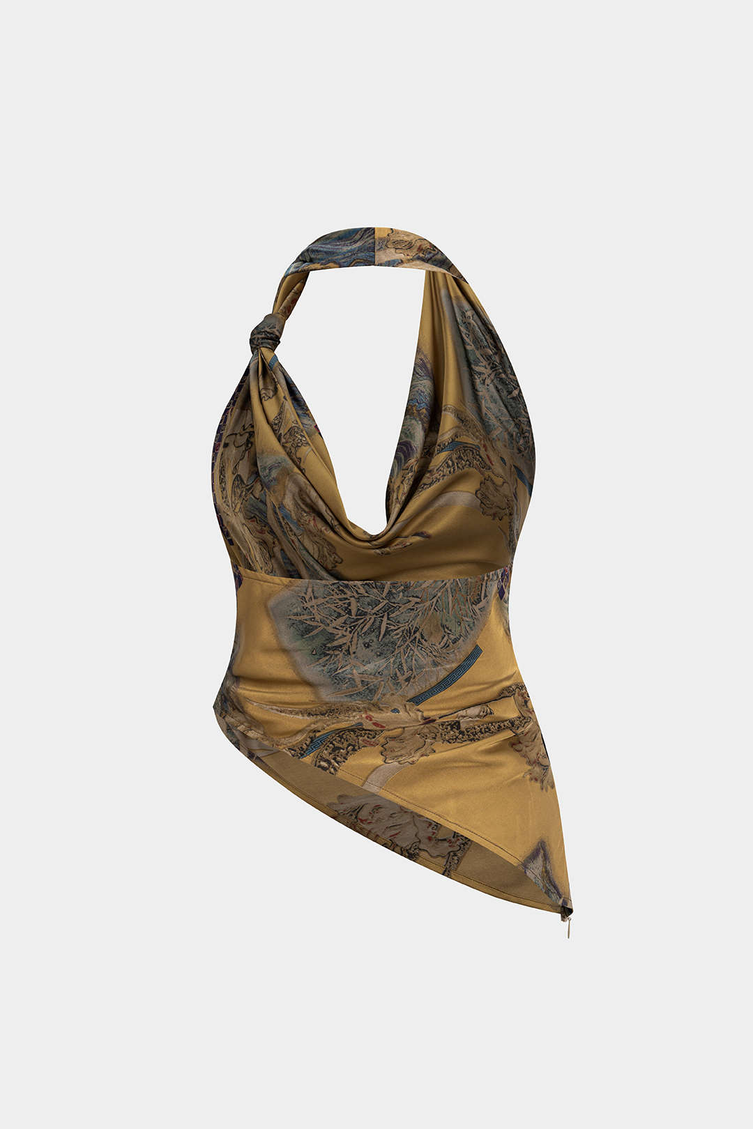 Retro-Print-Satin-Neckholder-Top mit Wasserfallausschnitt