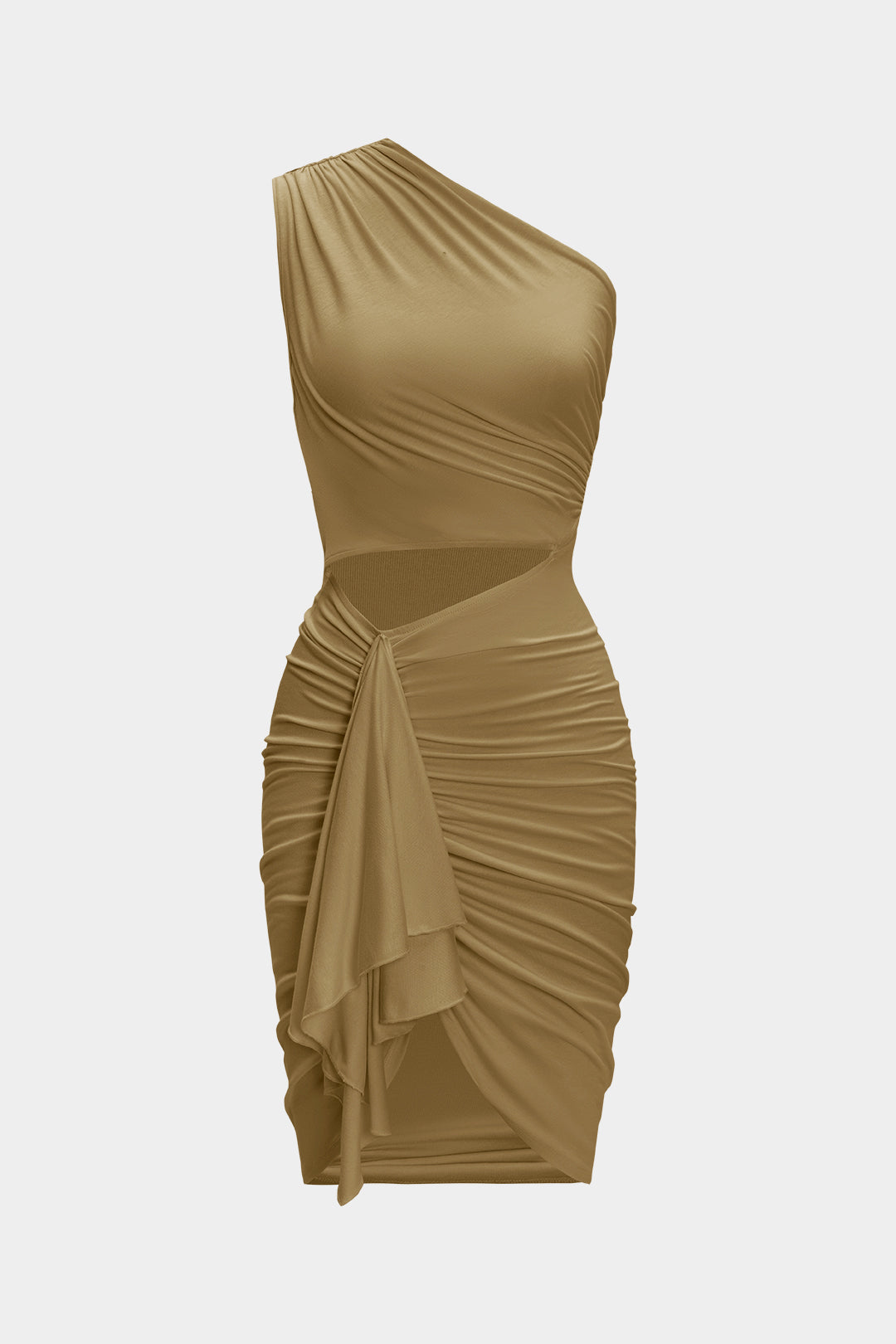 Robe mi-longue froncée asymétrique à découpes