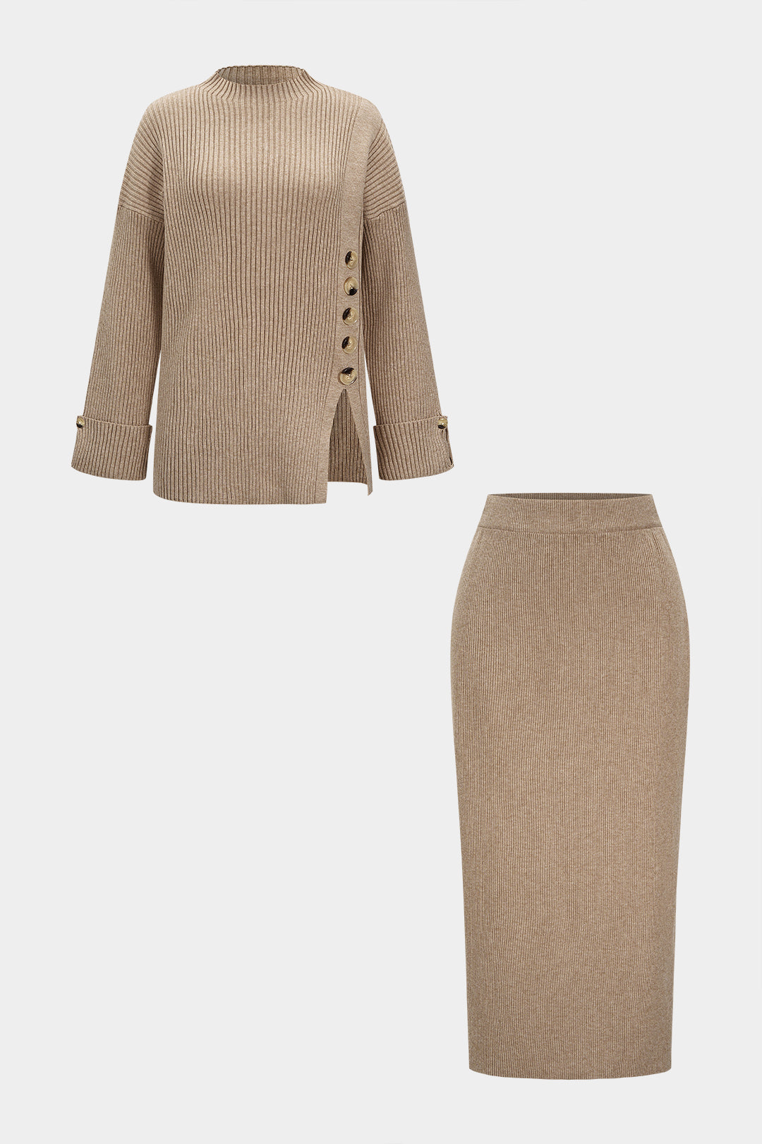 Knit Asymmetrical Button Side Slit Long-Sleeve Top And Skirt Set