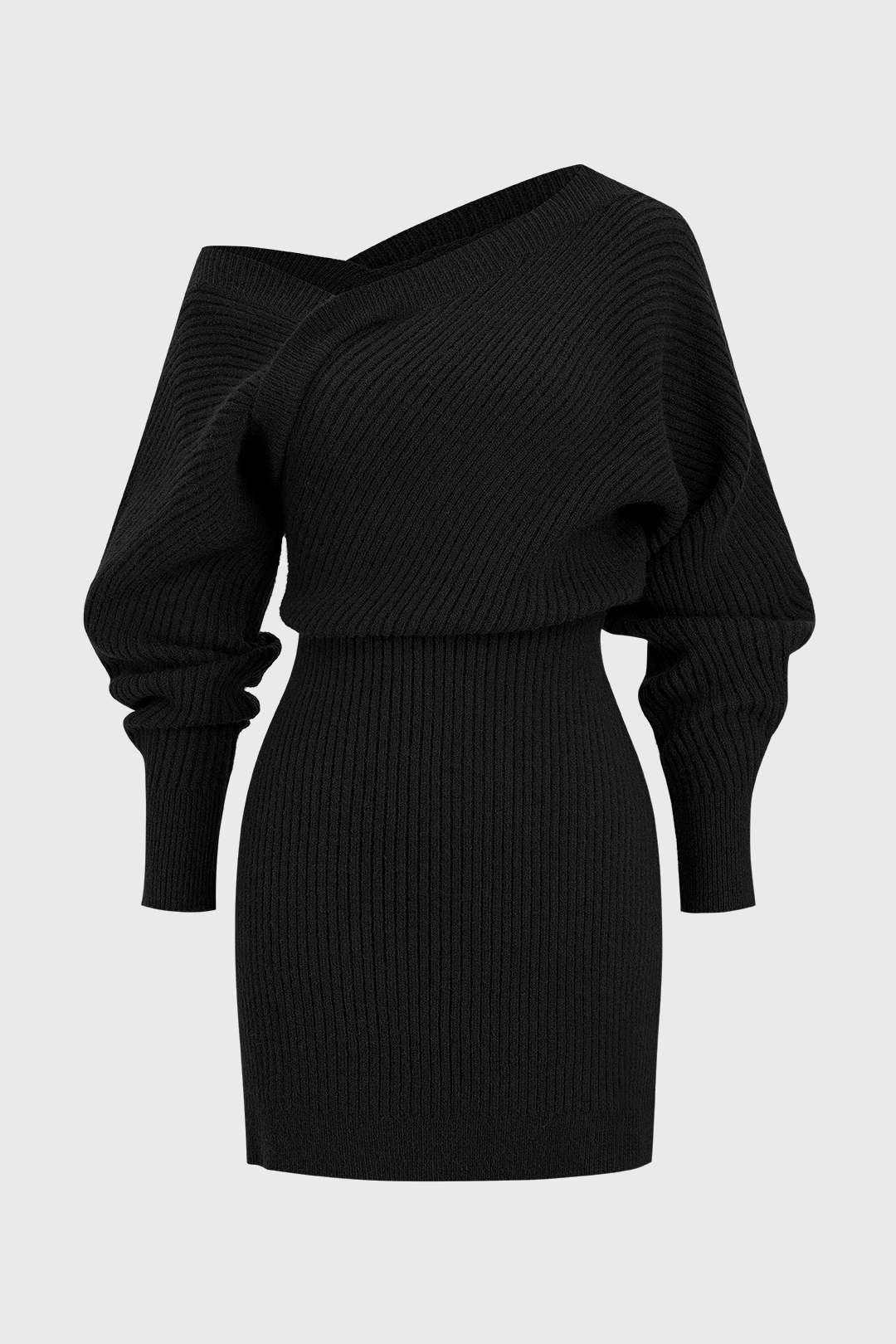 Geripptes Mini-Strickkleid mit asymmetrischem Ausschnitt und langen Ärmeln