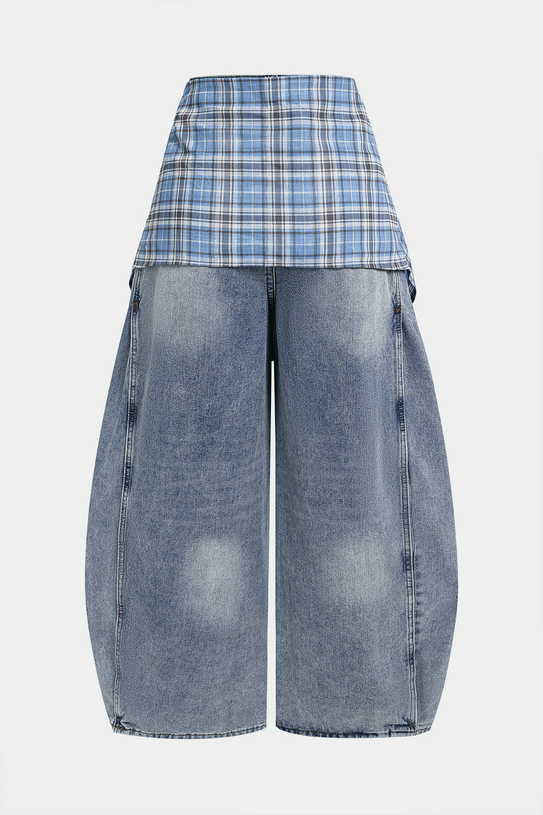Jean taille haute à carreaux en denim avec lien à la taille et poches