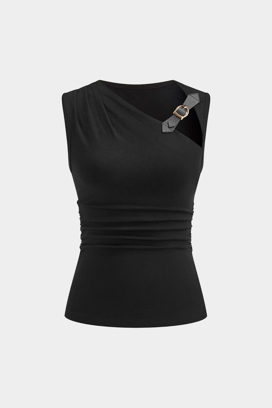 Solid Ruched Asymmetrical Buckle Detail Tank Top