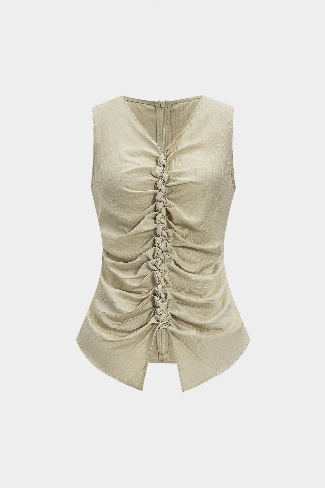 V-Neck Twist Knot Ruched Zipper Tank Top
