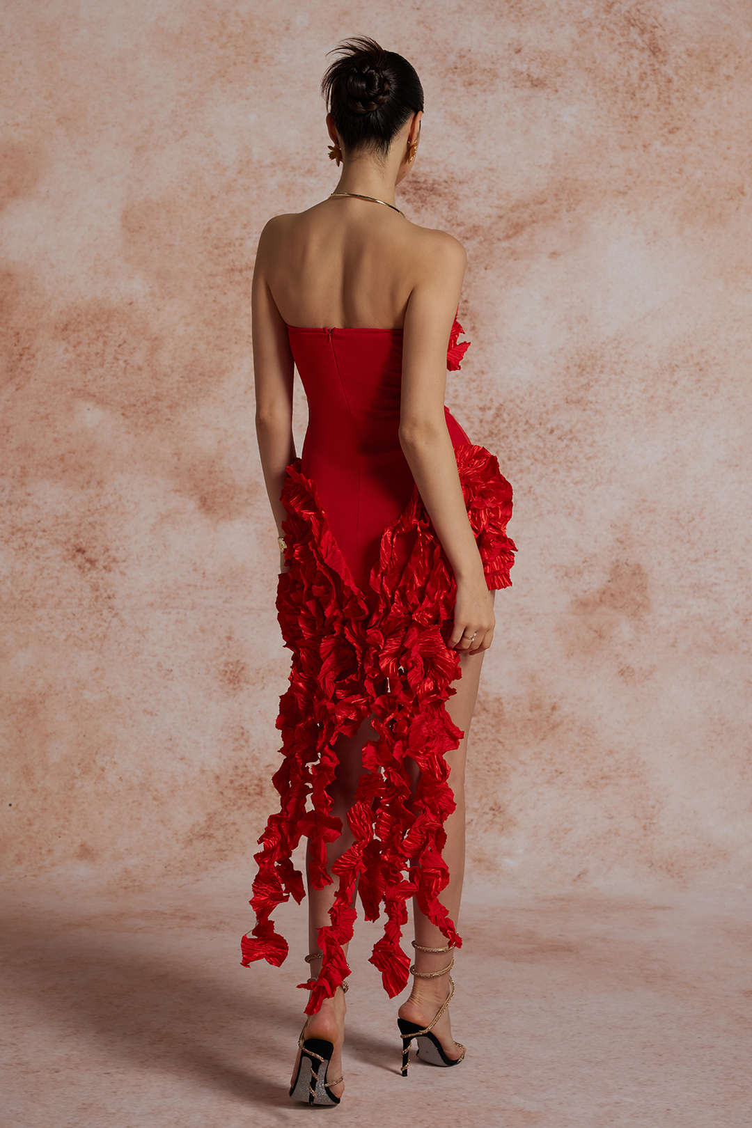 Robe midi bustier à volants et franges