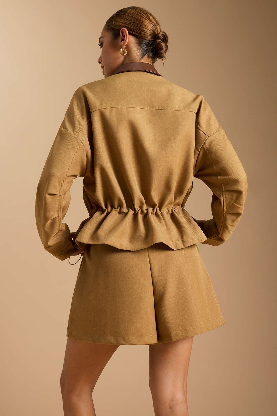 Zipper Patchwork Drawstring Batwing Sleeve Jacket